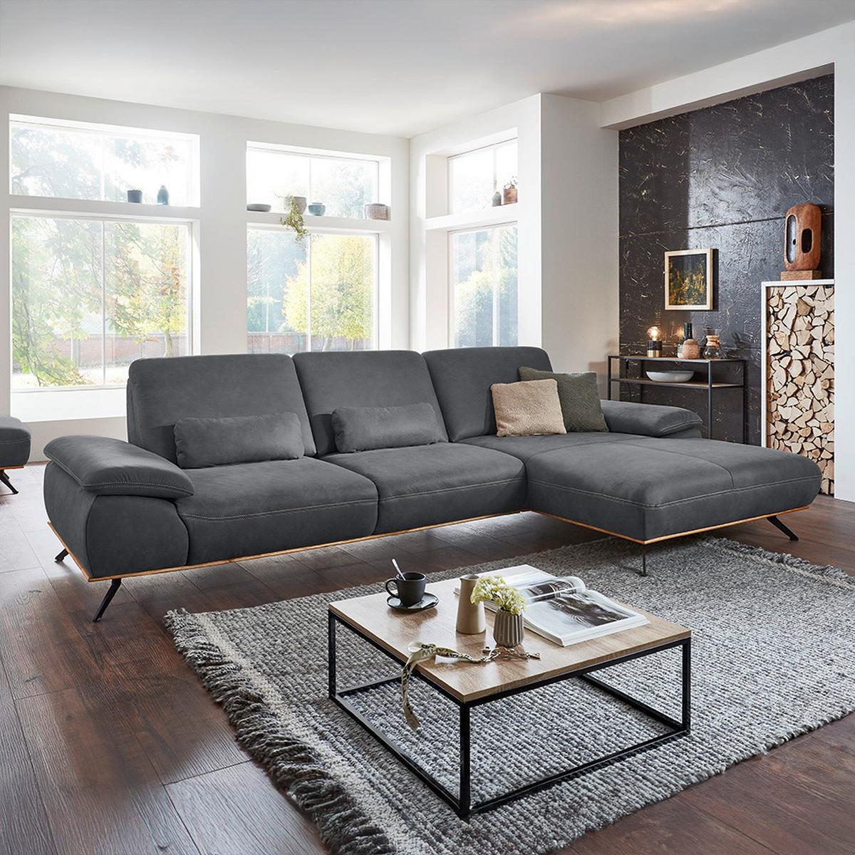 Wohnlandschaft Erling Graphitfarben - Beige/Graphitfarben, MODERN, Leder/Metall (322/89/187cm) - Premium Living