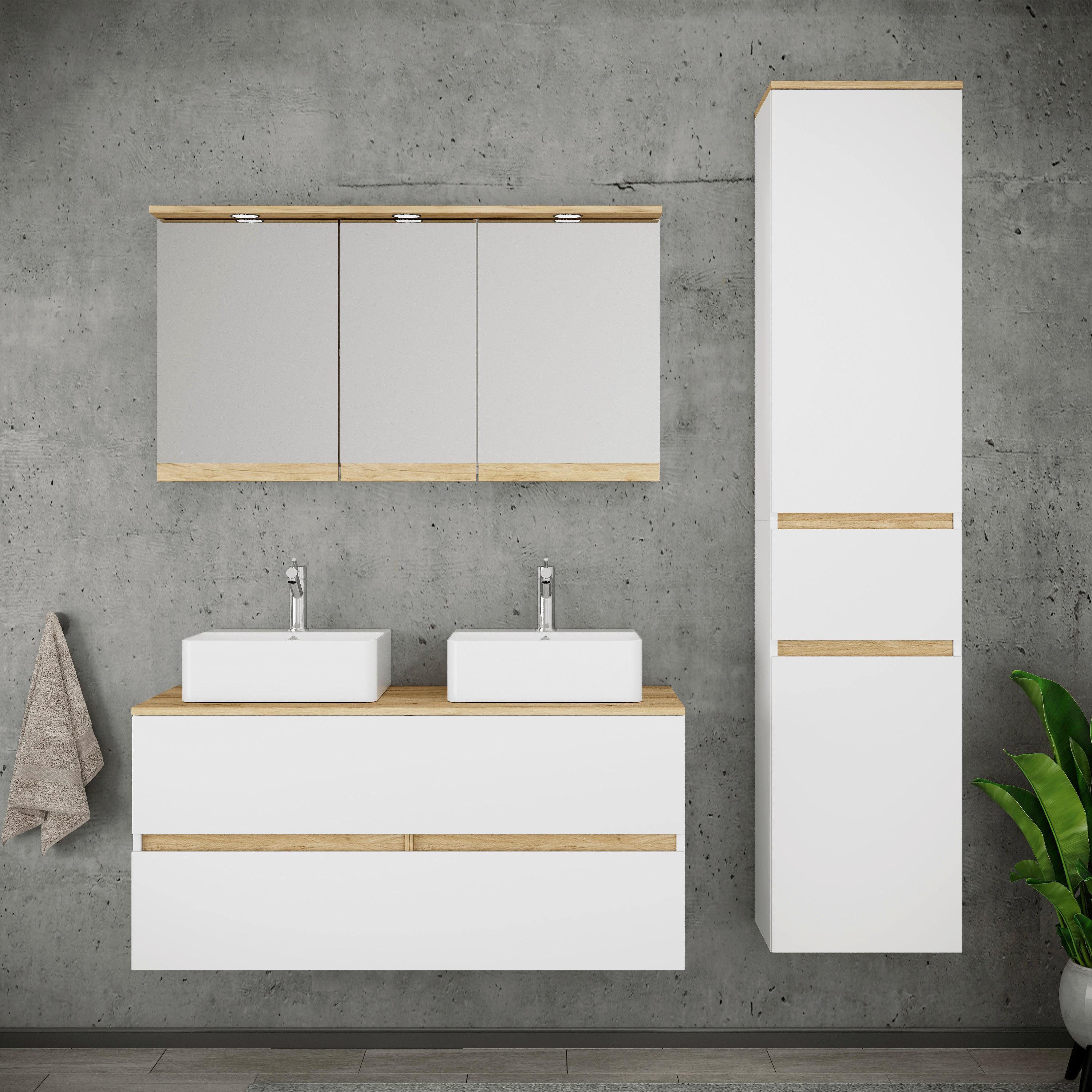 Badezimmer Cosila - Honigeiche/Weiss, Trend, Keramik/Holzwerkstoff (151cm) - MID.YOU