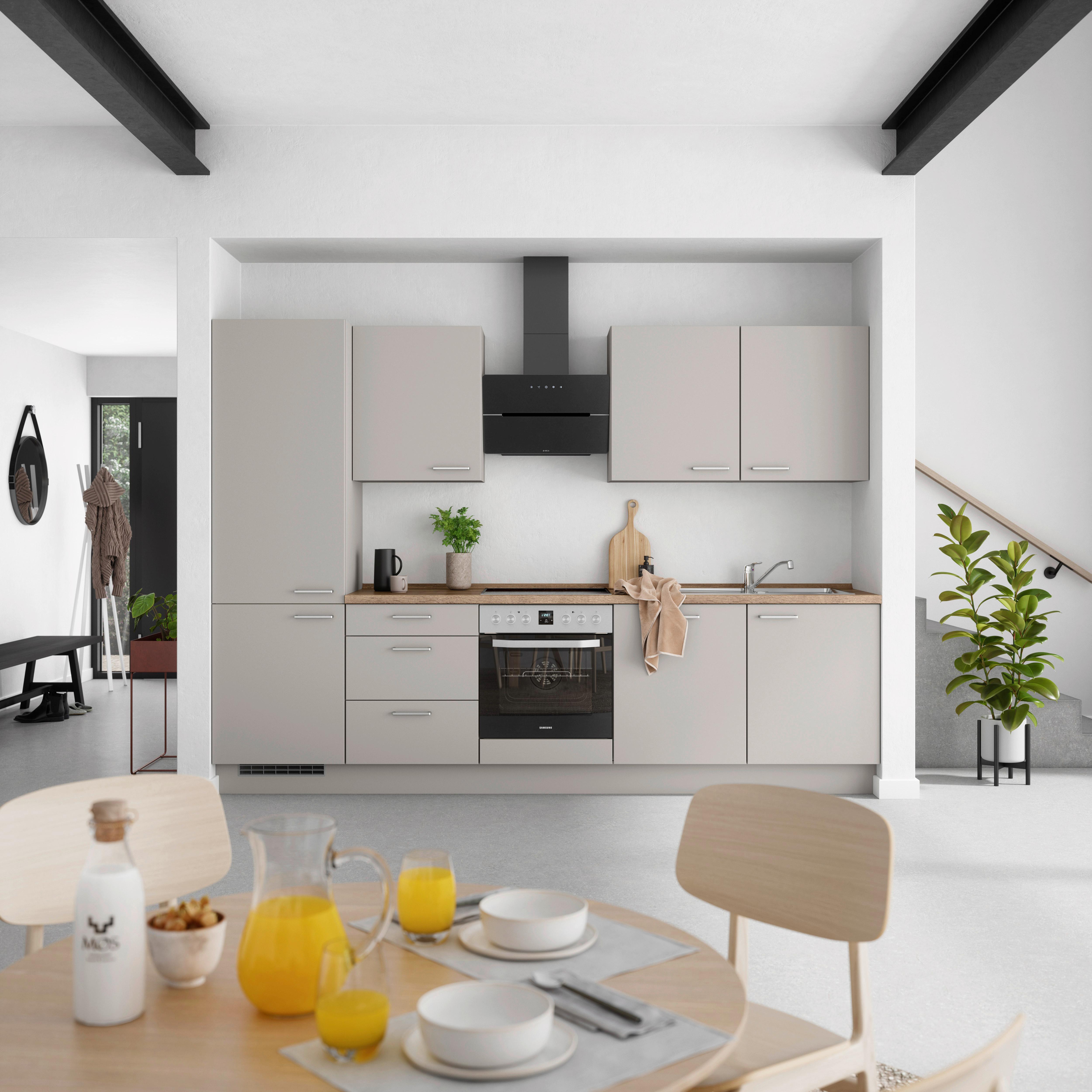 Küchenblock Touch High m. Geräten Grau - Eiche dunkel/Edelstahlfarben, MODERN, Holzwerkstoff/Metall (300cm) - Nobilia