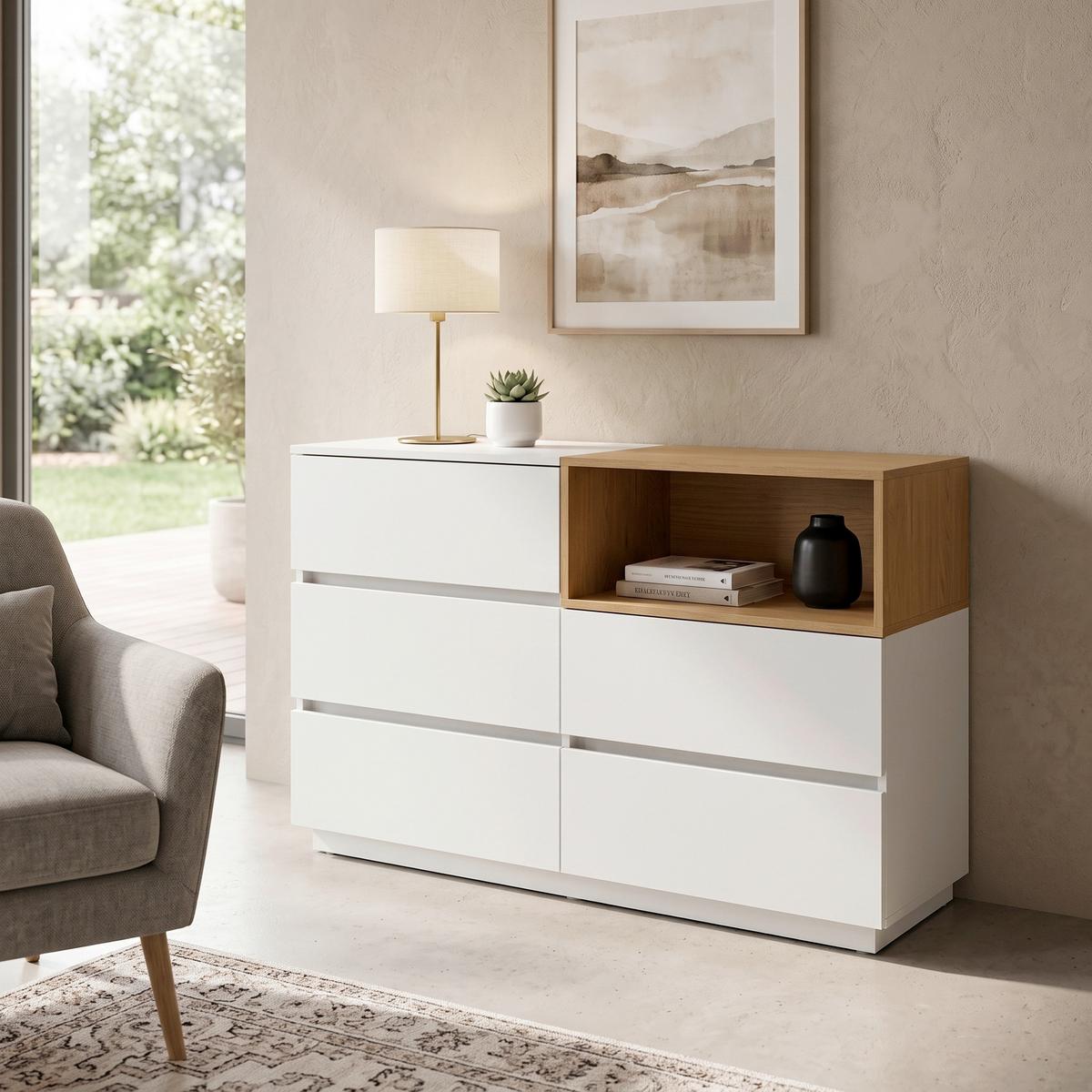 Široka Komoda Melmo, Bela, Barva Hrasta - barve hrasta/bela, Moderno, leseni material (120/76/40cm) - MID.YOU