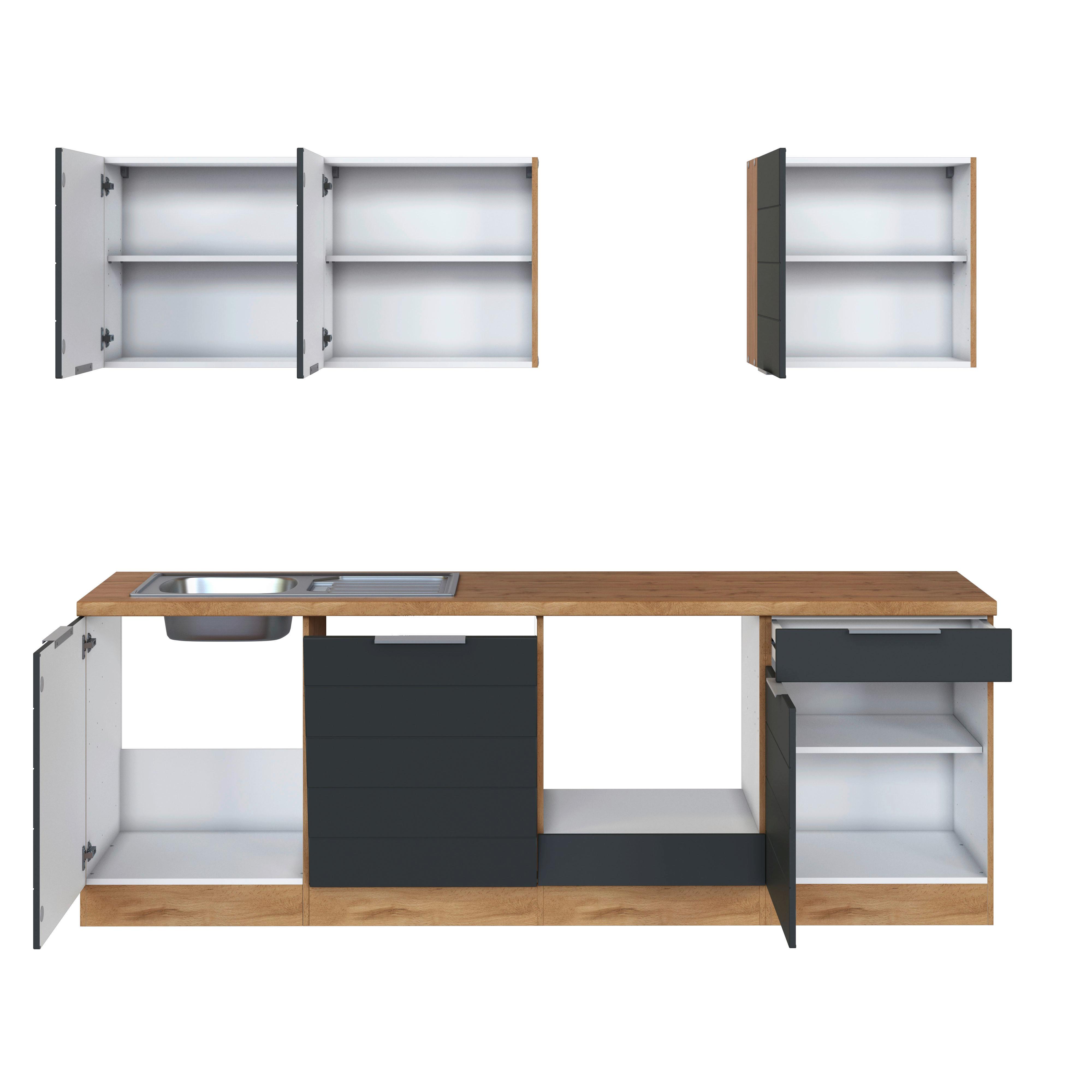 Küchenblock Florenz ohne Geräte ca. 240 cm Grau/Eiche - Eiche Wotan/Grau, Design, Holzwerkstoff/Metall (240cm) - Held
