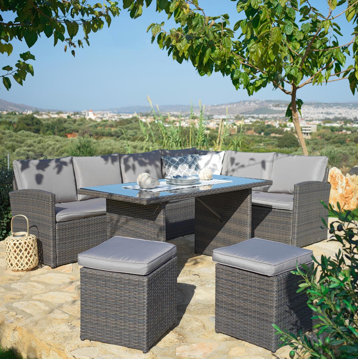 Loungegarnitur-Set Marrakesch 2 Grau aus Kunststoffgeflecht - Hellgrau/Schwarz, Modern, Glas/Kunststoff (240/70/181cm) - Mömax