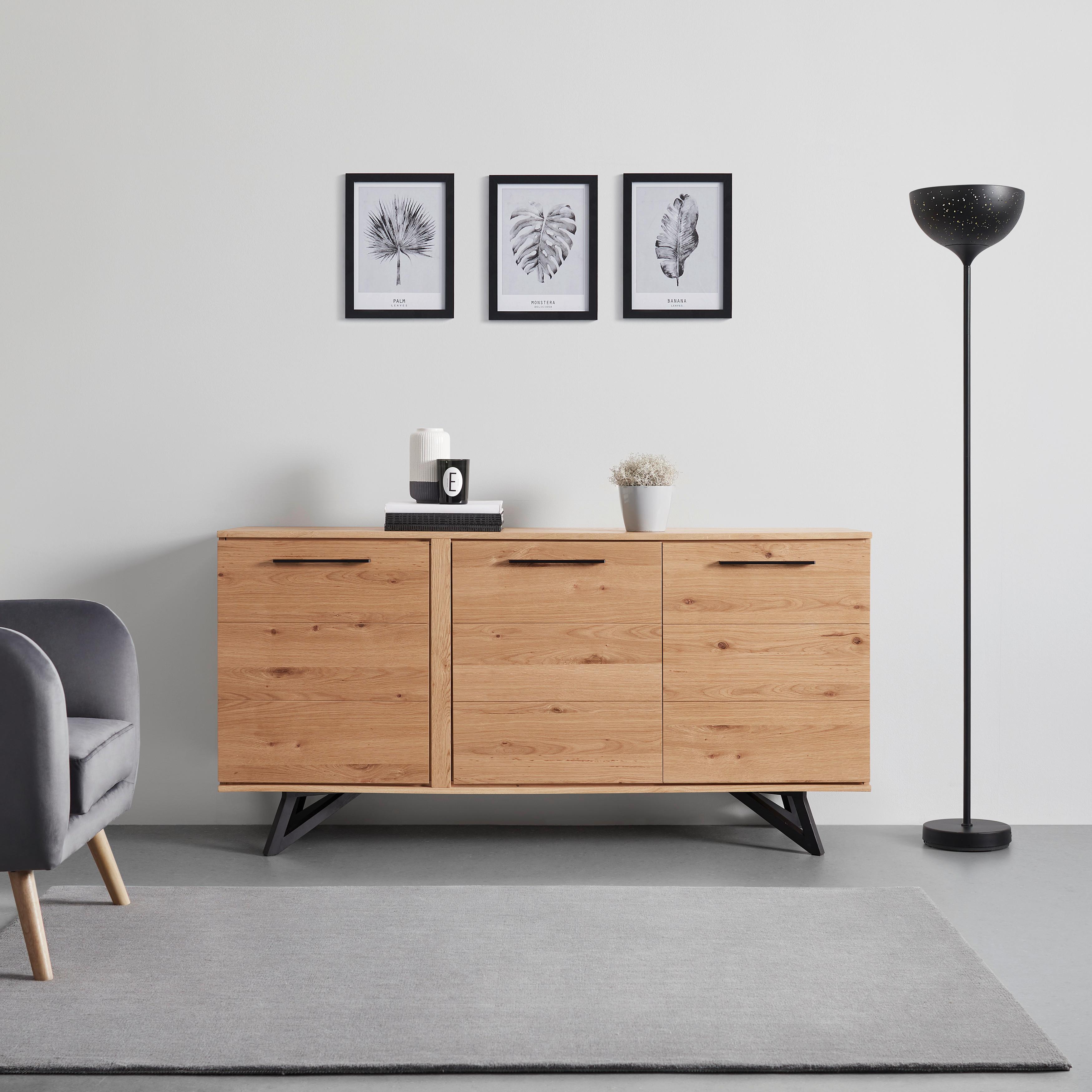 Sideboard Massiveiche, "Emilio", eichefarben - Eichefarben/Schwarz, MODERN, Holz/Metall (170/40/85cm) - Bessagi Home