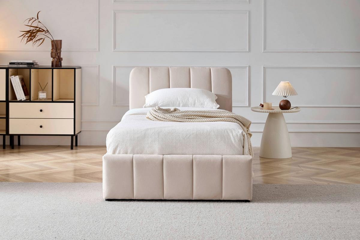 ŁÓŻKO TAPICEROWANE GISELLA - beżowy/kolor naturalny, Design, tworzywo sztuczne/drewno (90/200cm) - Boxxx