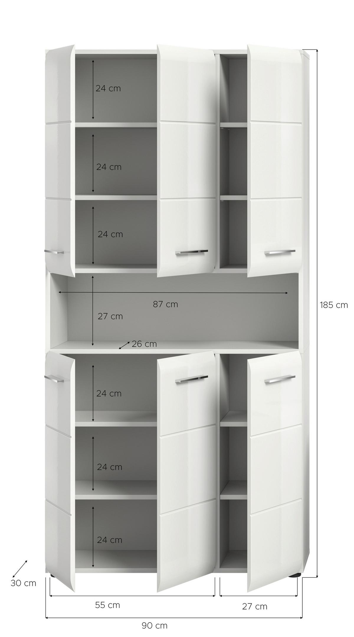 Hochschrank Ice ca. 90x185x30 cm Weiß - Weiß Hochglanz/Silberfarben, MODERN, Holzwerkstoff/Kunststoff (90/185/30cm) - MID.YOU