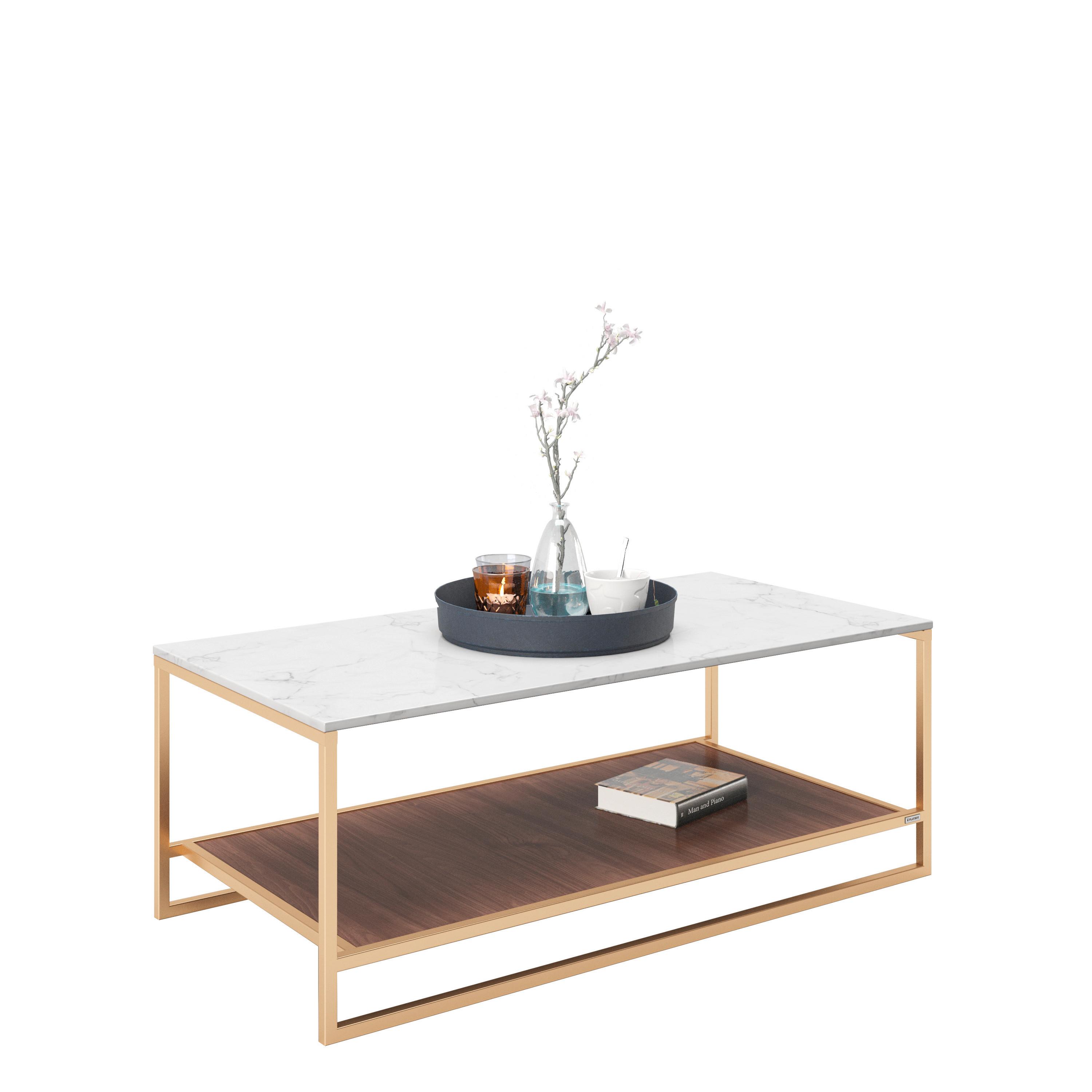 PLAYBOY Couchtisch Olivia ca. 120x60 cm Weiß/Braun/Gold - Nussbaumfarben/Goldfarben, KONVENTIONELL, Holzwerkstoff/Metall (120/60/45cm) - Playboy