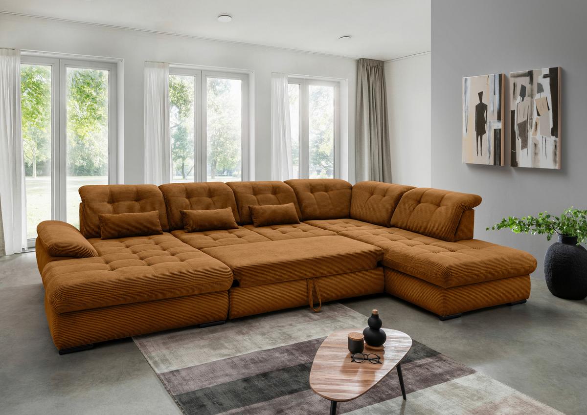 Wohnlandschaft Rigatti Gold Cord mit Bettkasten - Goldfarben/Schwarz, MODERN, Textil/Metall (184/387/252cm) - Livetastic