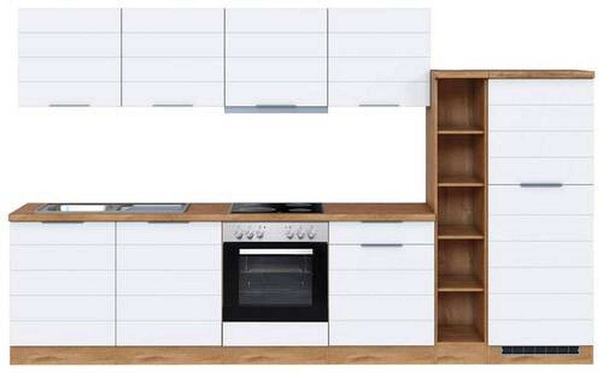 Küchenblock Florenz mit Geräten ca. 330 cm Weiß/Eiche - Eiche Wotan/Weiß, Design, Holzwerkstoff/Metall (330cm) - Held