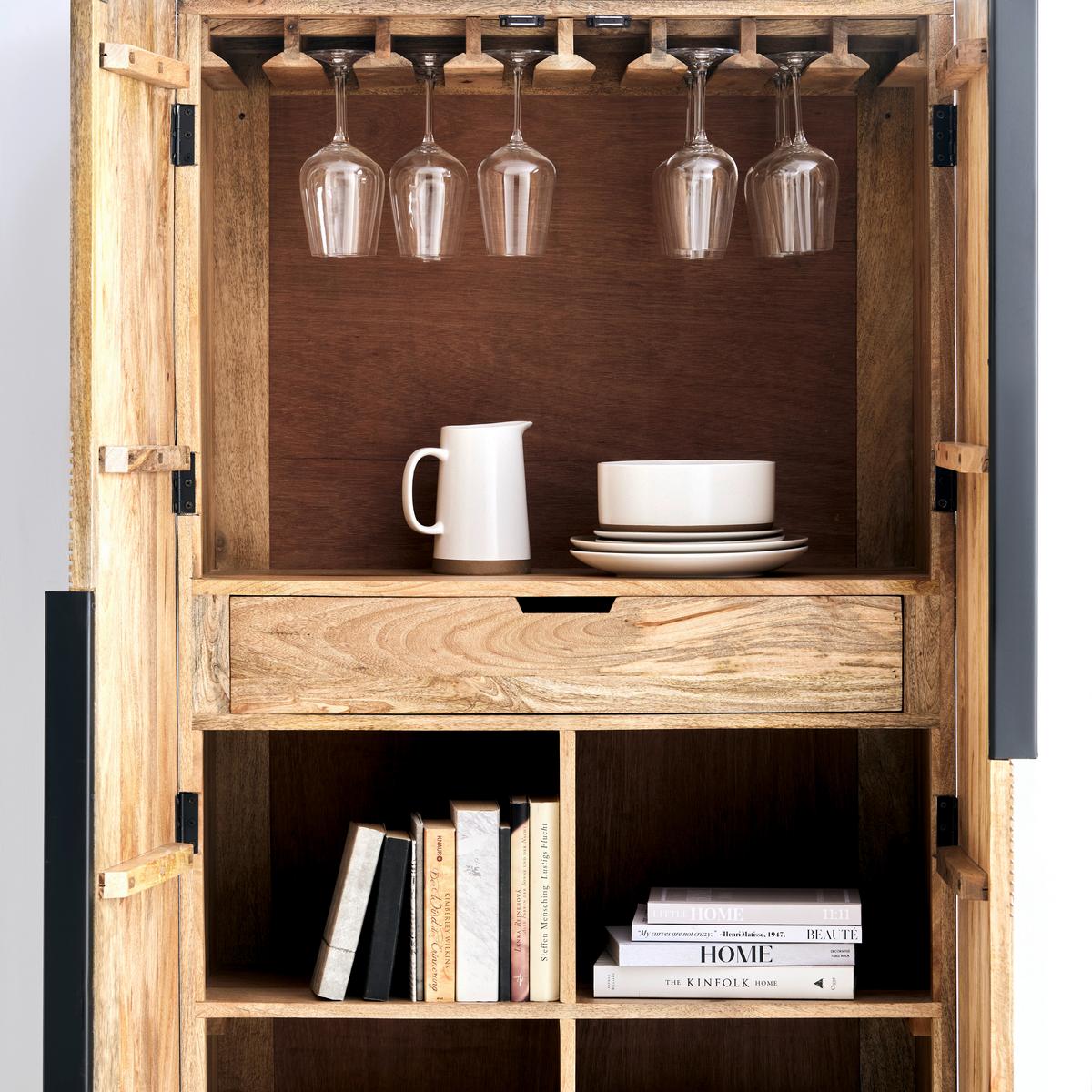 Barschrank Arian aus Mangoholz in Naturfarben/Schwarz - Schwarz/Naturfarben, MODERN, Holz/Metall (85/155/42cm) - Zandiara