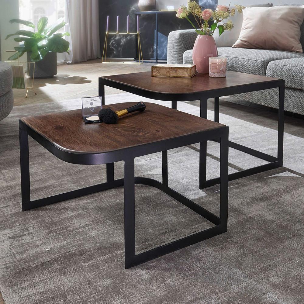 Couchtischset Wohnling 2-er Set aus Mangoholz - Dunkelbraun/Schwarz, MODERN, Holz/Metall (60/60/40cm) - MID.YOU
