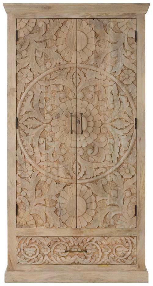 Schrank aus Mangoholz massiv - Messingfarben/Naturfarben, Romantik / Landhaus, Holz/Metall (90/175/45cm) - Zandiara