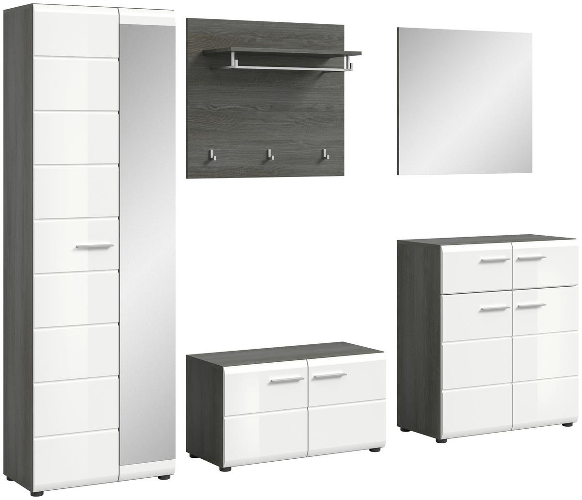 Gaderobe Salsa 5-tlg. ca. 250x192 cm Weiß/Rauchsilb. - Weiß Hochglanz, Design, Glas/Holzwerkstoff (250/192/37cm) - MID.YOU