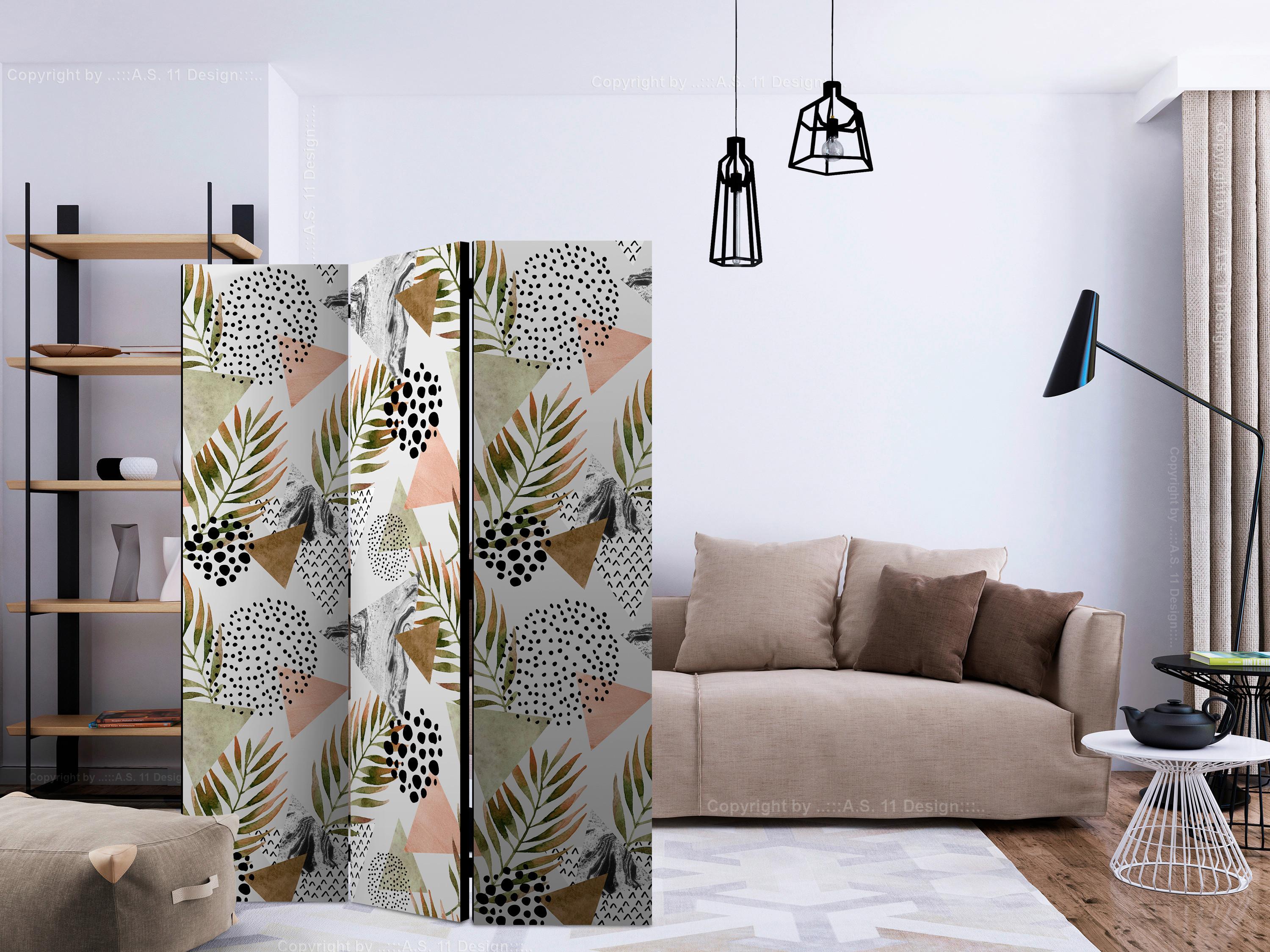 Paravan Tropical Geometry, 3-Delni, Dvostranski - bela/bež, Basics, tekstil/les (135/172/3cm) - artgeist