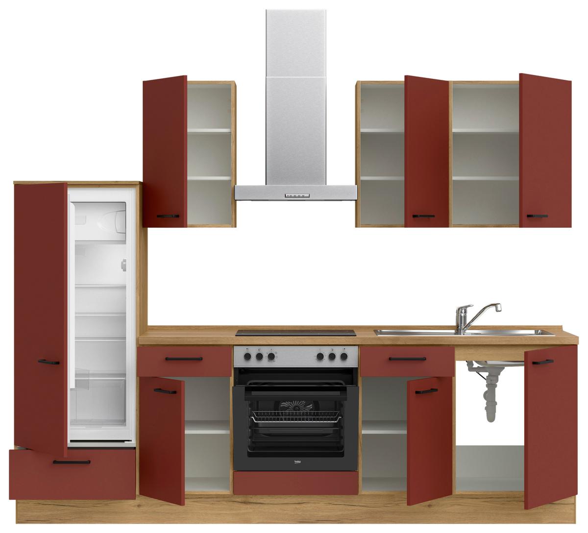 Küchenblock Easytouch Low m. Geräten Dunkelrot - Eichefarben/Schwarz, MODERN, Holzwerkstoff/Metall (270cm) - Nobilia