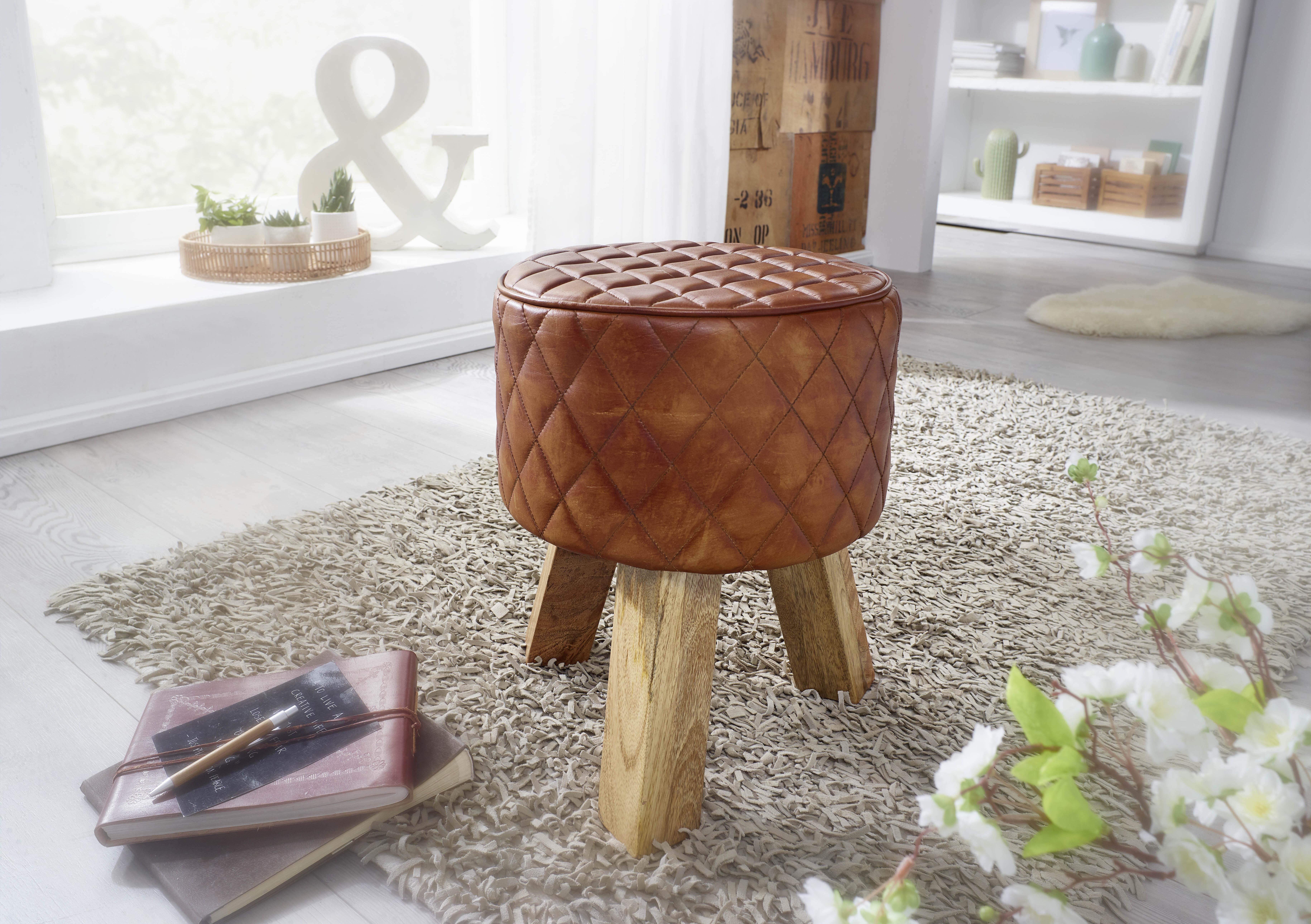 Tabure Hocker - naravne barve/rjava, Moderno, les/usnje (35/46/35cm) - MID.YOU