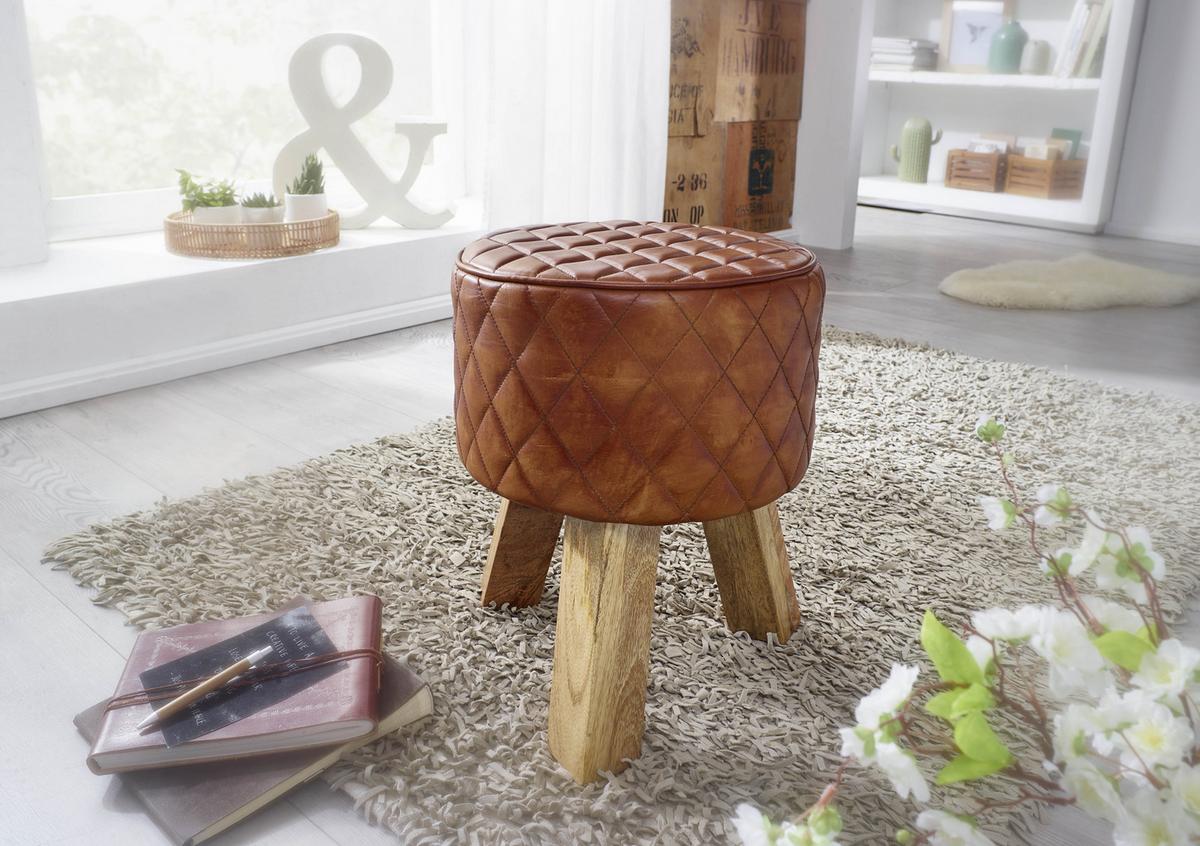 Tabure Hocker - naravne barve/rjava, Moderno, les/usnje (35/46/35cm) - MID.YOU