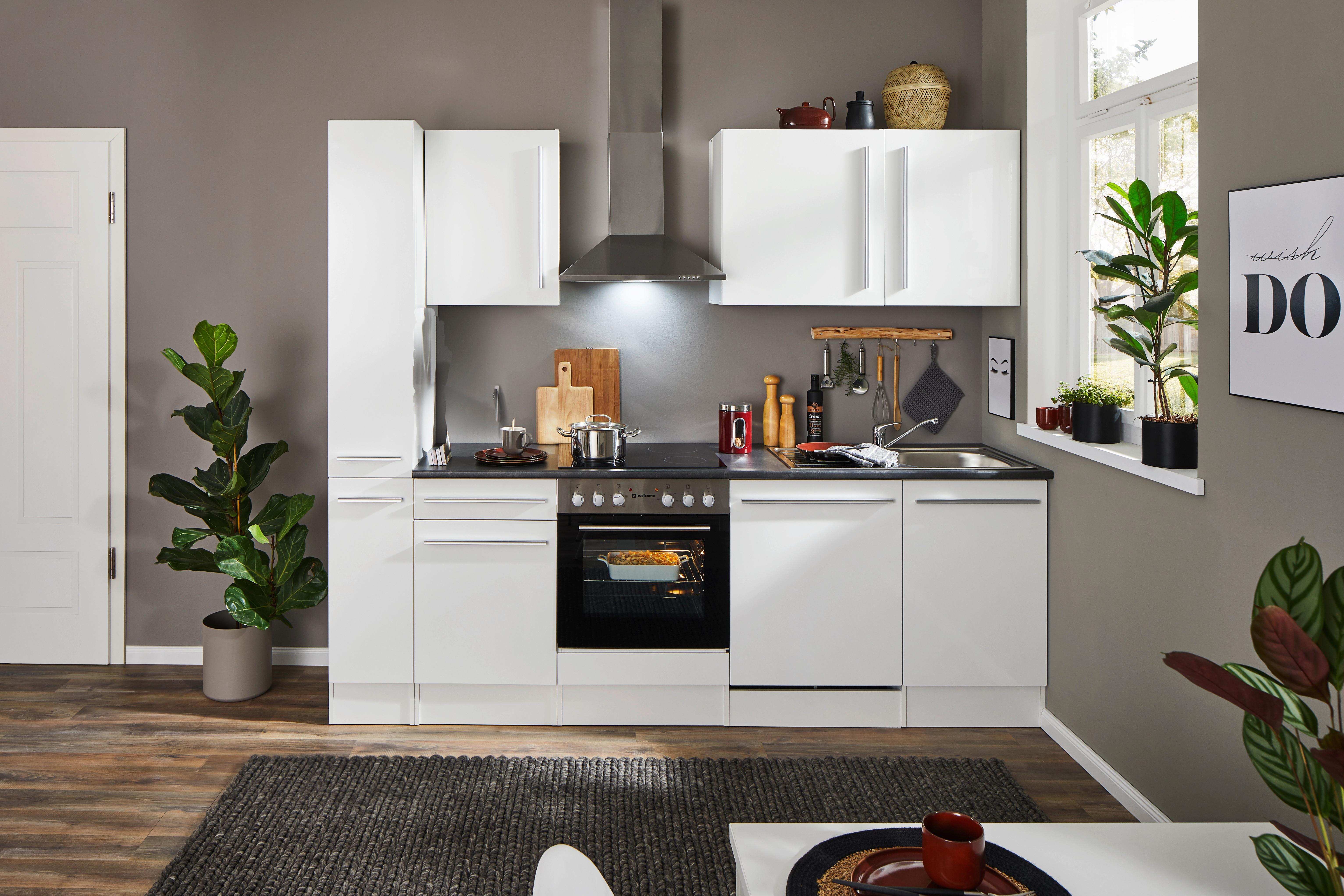 Küchenblock Jazz mit Geräten ca.250cm Weiß Hochglanz - Weiß Hochglanz/Dunkelgrau, LIFESTYLE, Holzwerkstoff/Kunststoff (250cm) - P & B