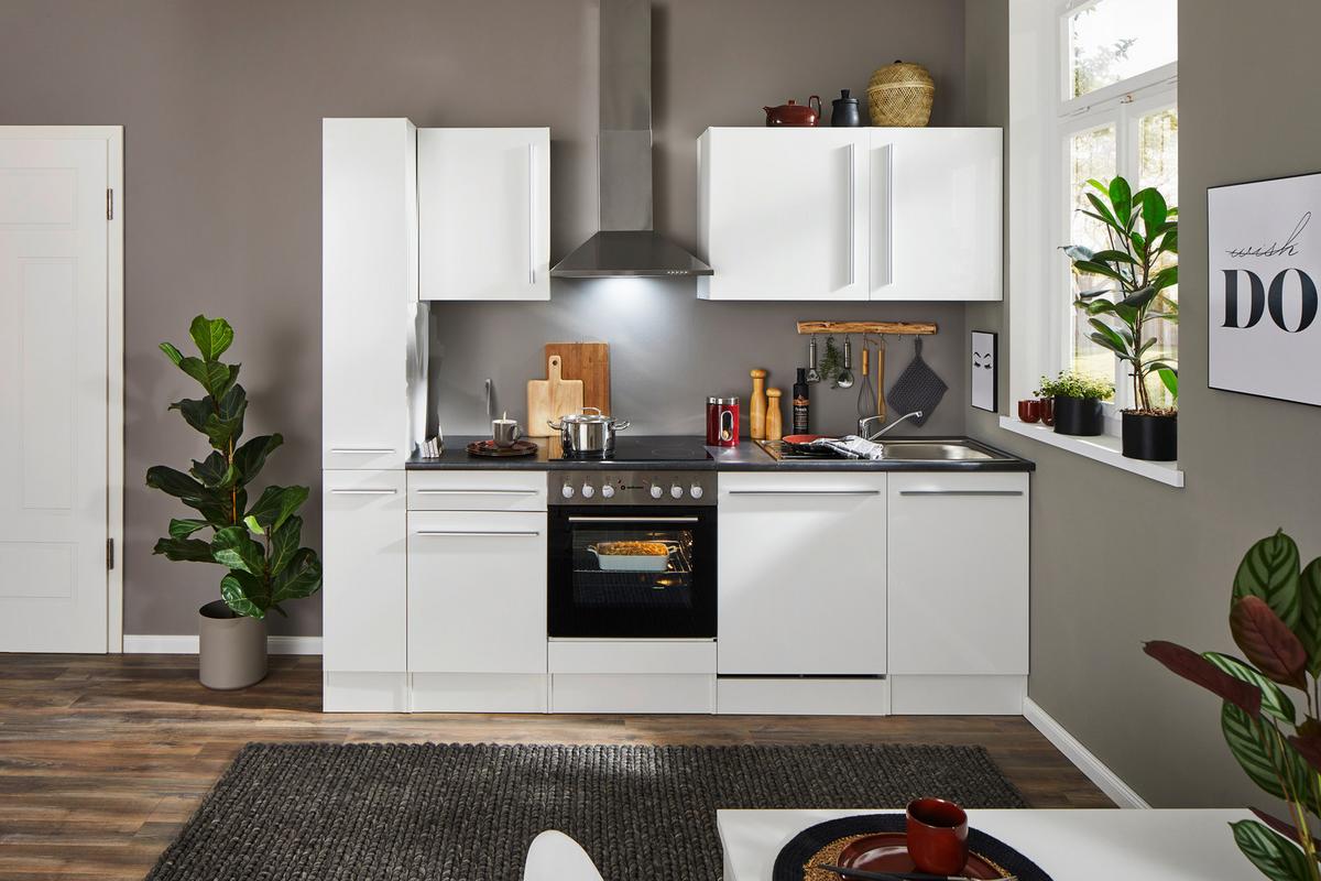 Küchenblock Jazz mit Geräten ca.250cm Weiß Hochglanz - Weiß Hochglanz/Dunkelgrau, LIFESTYLE, Holzwerkstoff/Kunststoff (250cm) - P & B