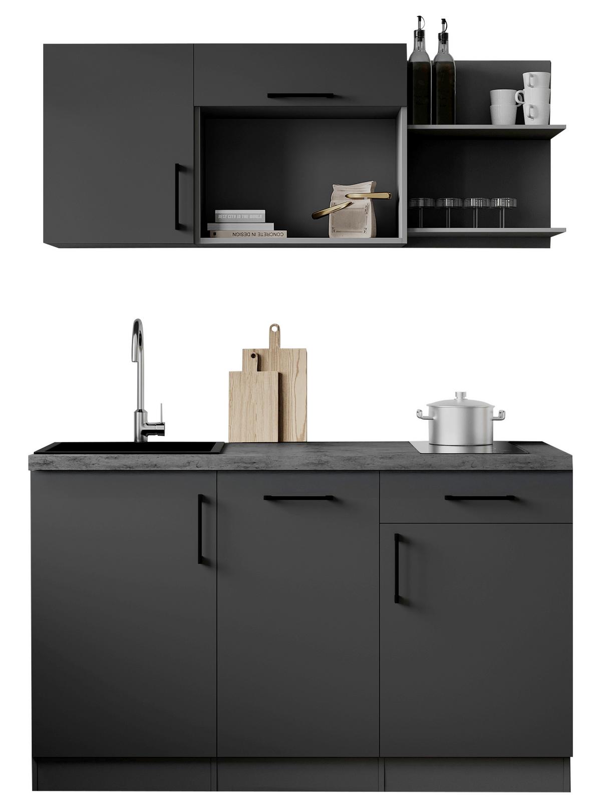 Miniküche Oliver m. Geräten ca. 145cm Grau - Grau, Trend, Holzwerkstoff/Metall (145cm) - Respekta