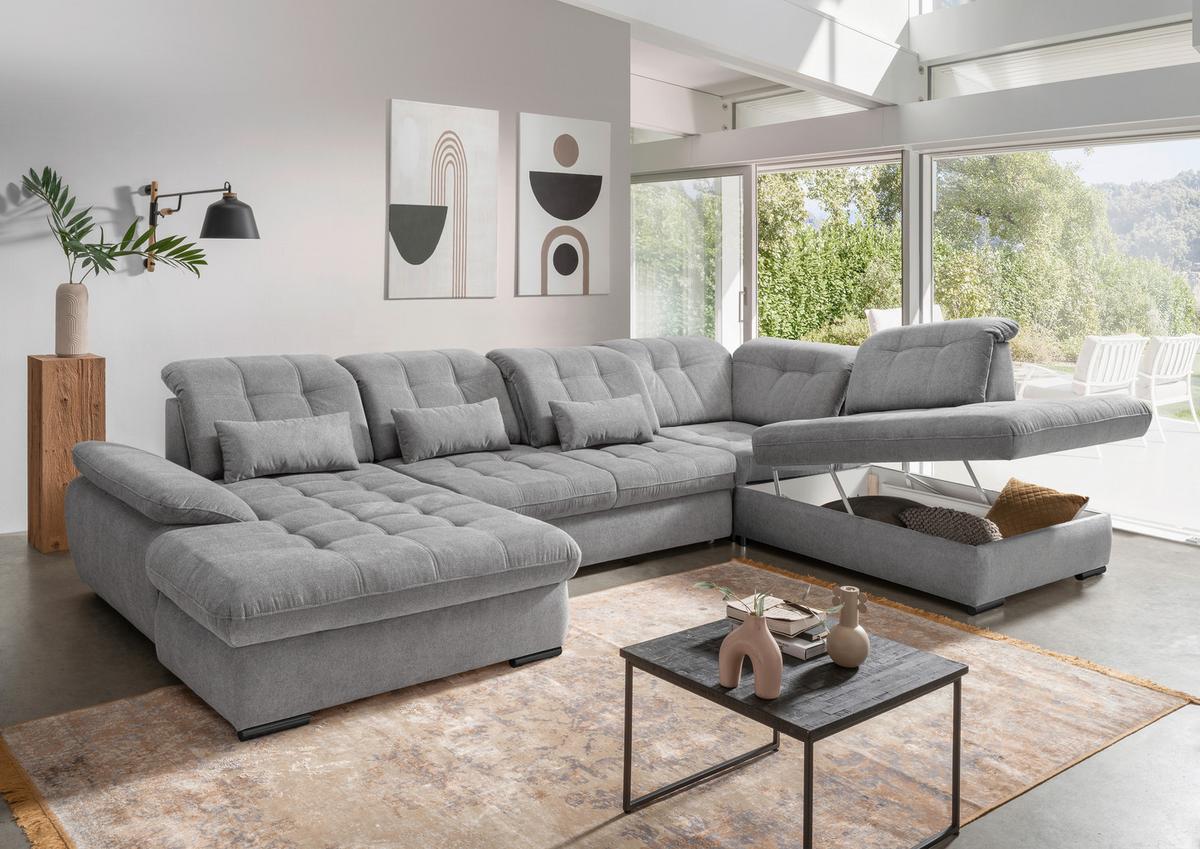 Wohnlandschaft Rigatti Silber Chenille mit Bettkasten - Silberfarben/Schwarz, MODERN, Textil/Metall (184/387/252cm) - Livetastic