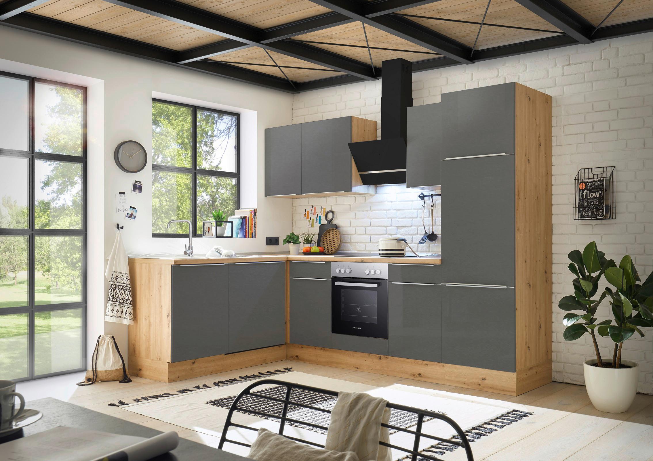 Eckküche Marleen mit Geräten Grau/Eiche ca. 280x170 cm - Anthrazit/Alufarben, LIFESTYLE, Holzwerkstoff/Kunststoff (280/170cm) - Respekta