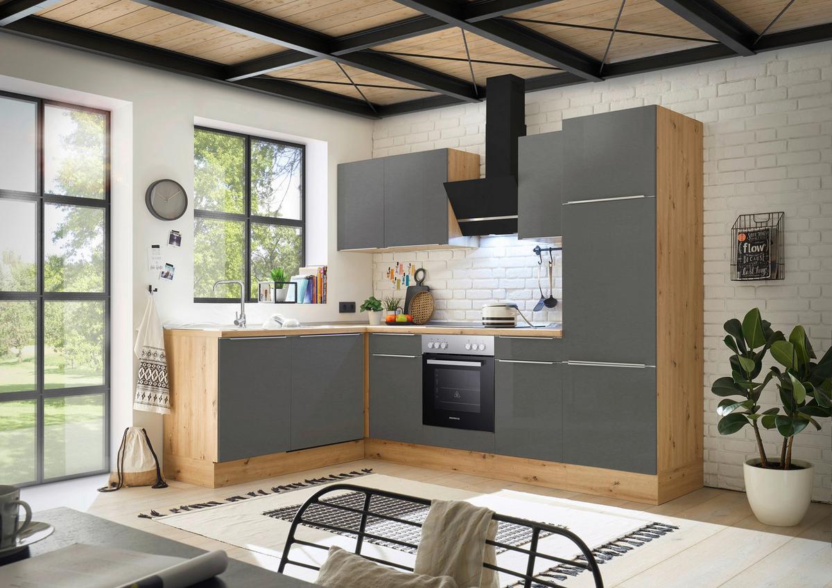 Eckküche Marleen mit Geräten Grau/Eiche ca. 280x170 cm - Anthrazit/Alufarben, LIFESTYLE, Holzwerkstoff/Kunststoff (280/170cm) - Respekta