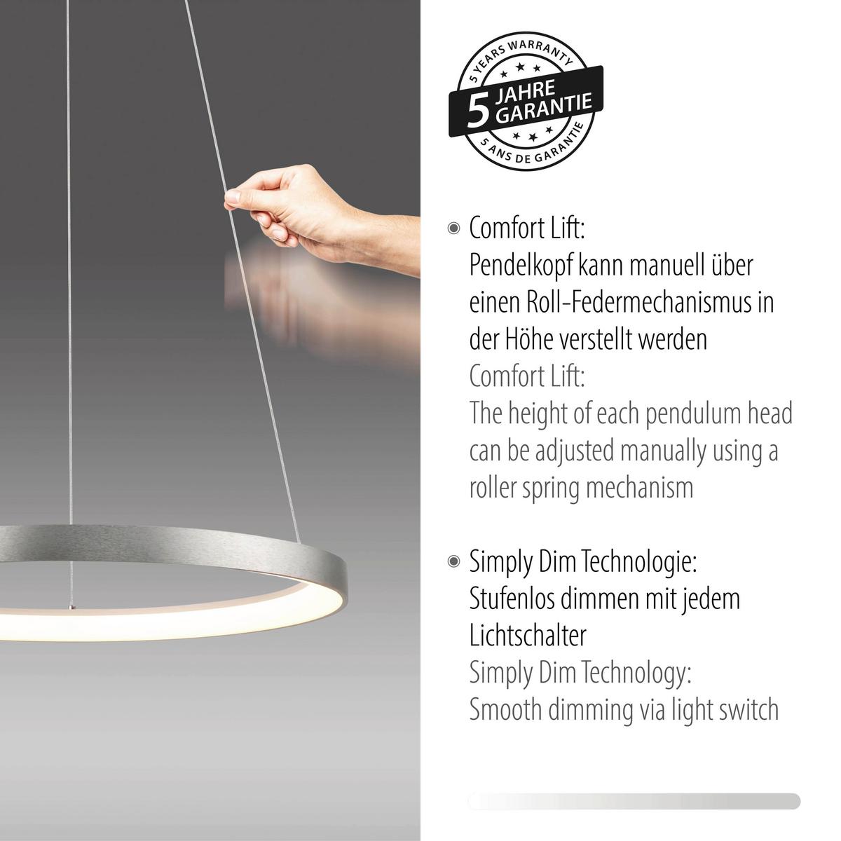 LAMPA ZWIESZANA LED 2851-95 HOOP - kolor aluminiowy, Design, tworzywo sztuczne/metal (57/180/200cm) - Paul Neuhaus