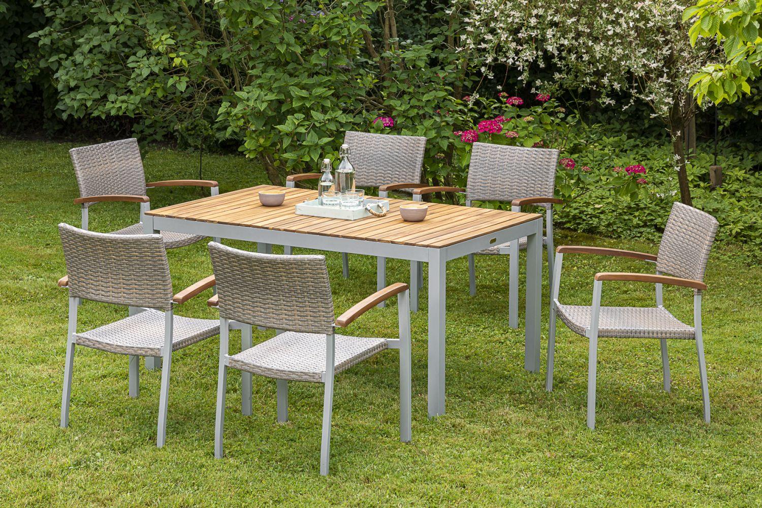 Gartentisch Naxos Akazie/ Silber ca. 150x74x90cm - Silberfarben/Akaziefarben, ROMANTIK / LANDHAUS, Holz/Metall (150/90/74cm) - Gardenson
