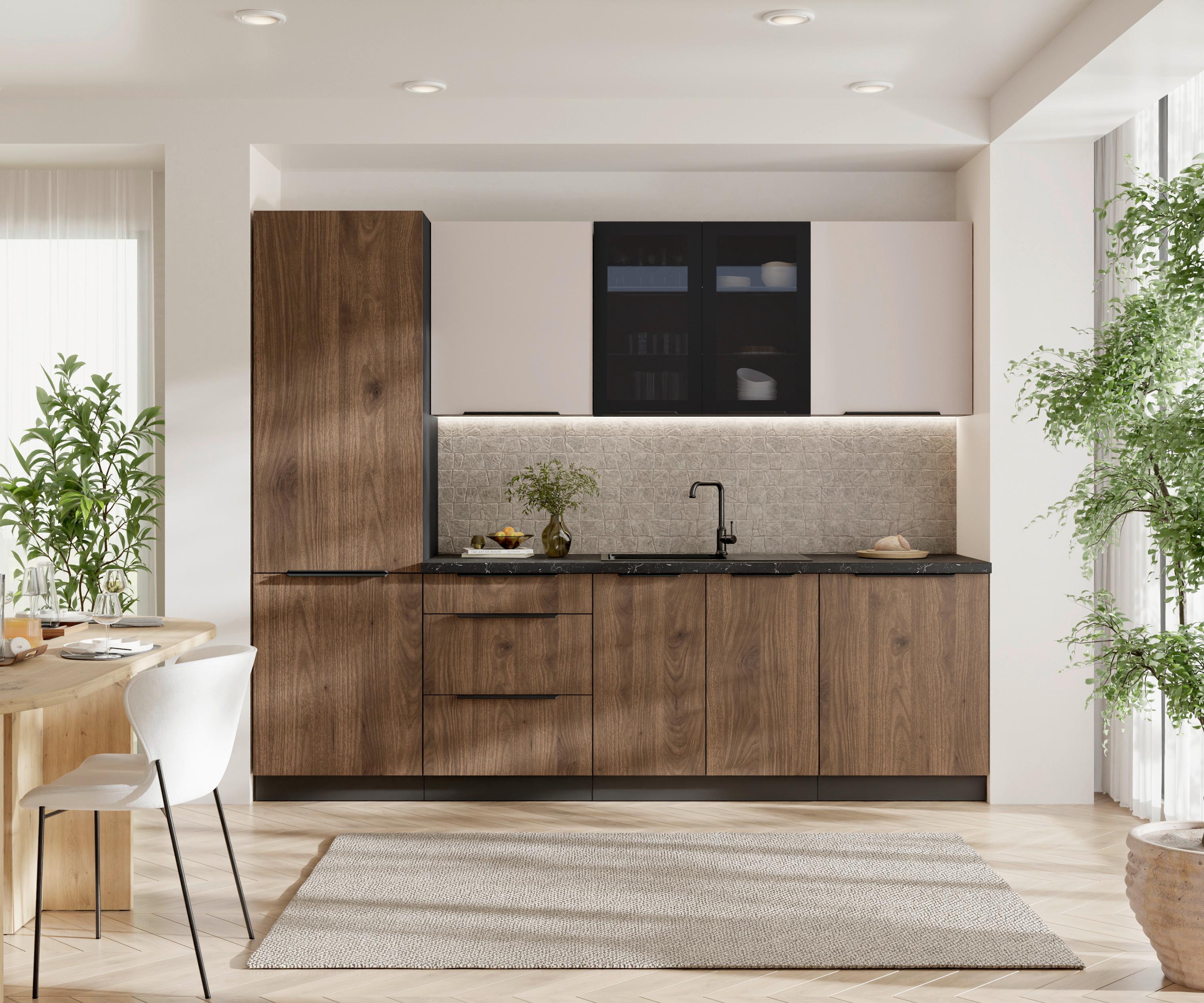 Blok Kuhinja Monza/arona - kašmir/boja orahovog drveta, Moderno, staklo/metal (260/210/60cm) - Modern Living