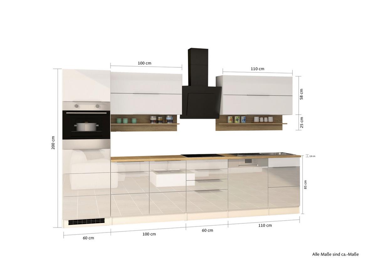 Küchenleerblock Neapel II Weiß Hochglanz /Eichefarben - Weiß Hochglanz/Alufarben, MODERN, Holzwerkstoff/Metall (330cm) - Held