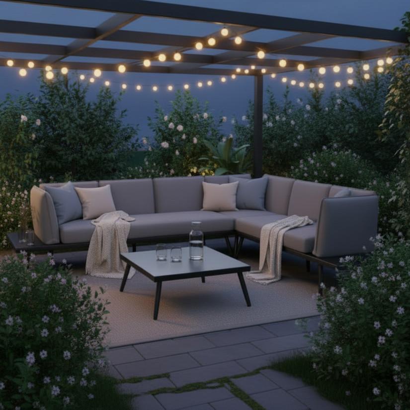 Loungegarnitur-Set Joanne Grau Metall/Outdoorstoff - Schwarz, MODERN, Metall (300/78/80cm) - Bessagi Garden