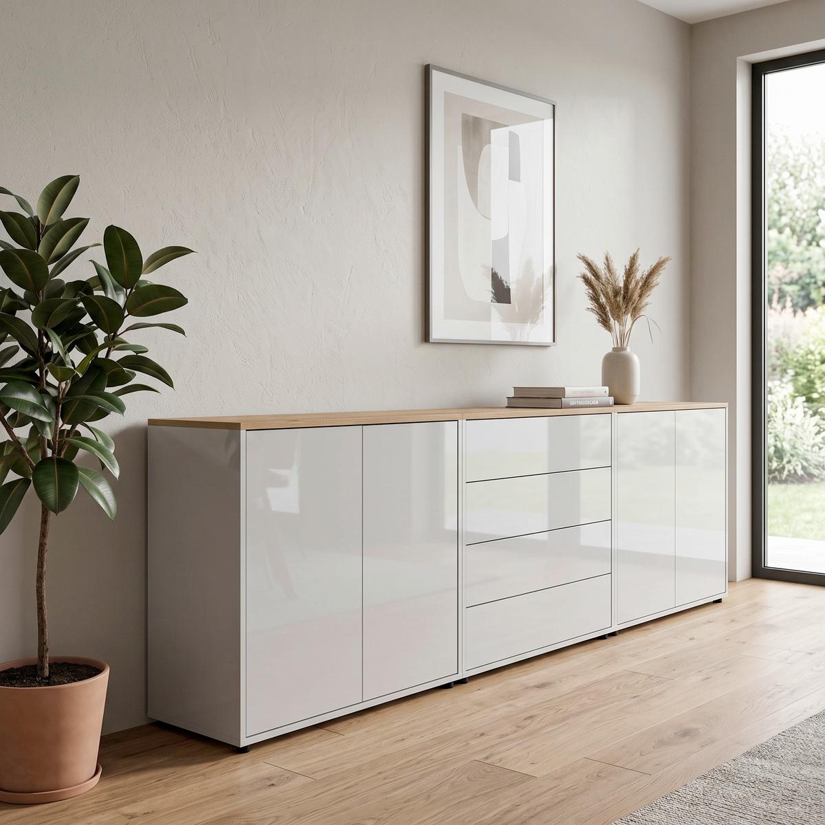 Sideboard Mailand Set 5 Weiß/Eiche - Weiß Hochglanz/Schwarz, MODERN, Holzwerkstoff/Kunststoff (237/73/33cm) - MID.YOU