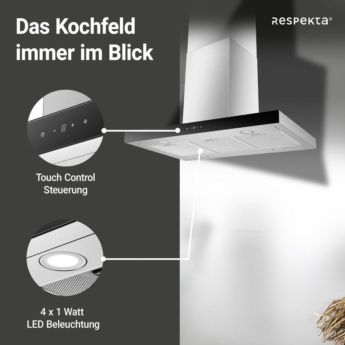 Dunstabzugshaube CH44199IX-21 Edelstahlfarben - Edelstahlfarben, Trend, Glas/Metall (89,5/65/60cm) - Respekta