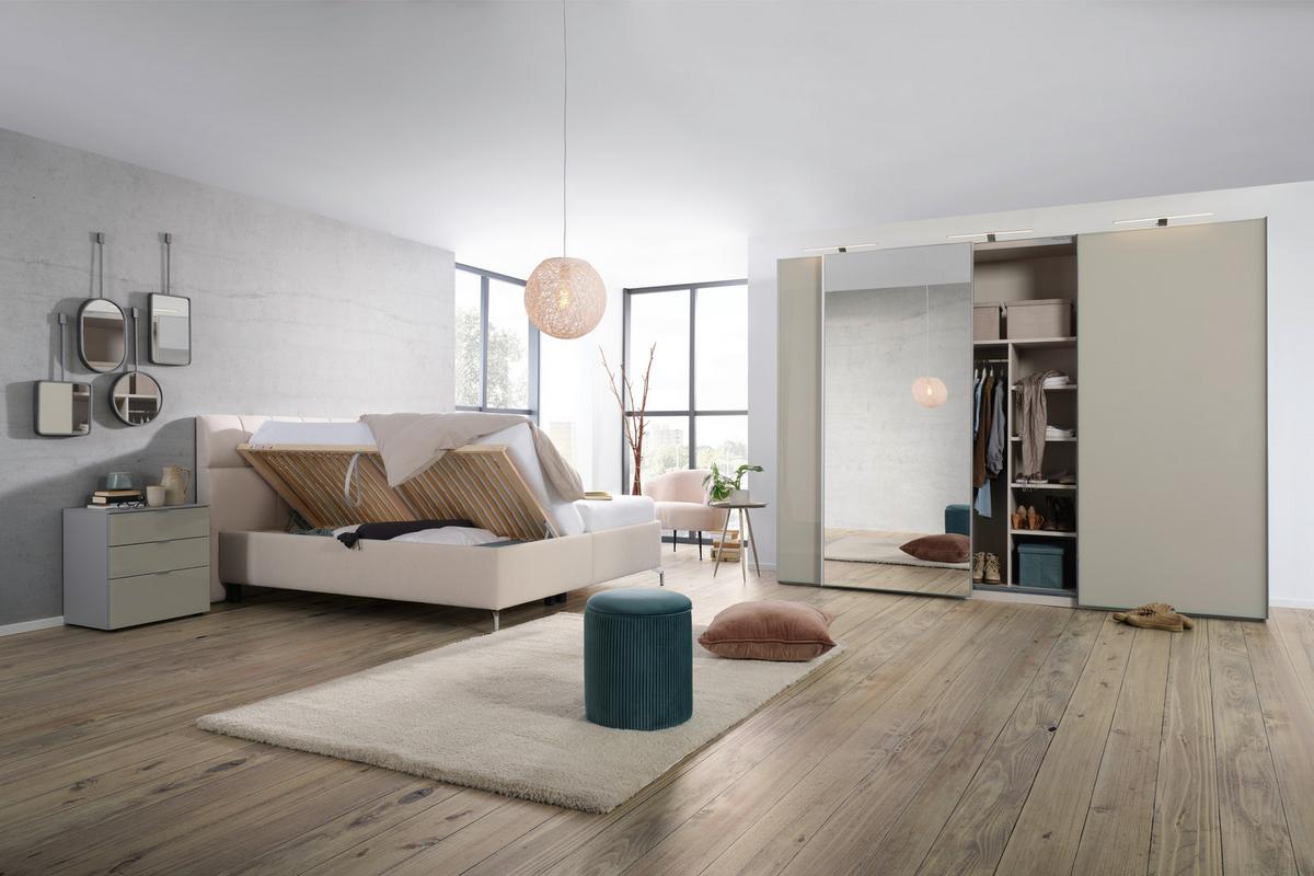 Omara Z Drsnimi Vrati Sonate, Svetlo Siva, Peščena, 280 Cm - barve aluminija/peščene barve, Moderno, kovina/steklo (280/222/68cm) - Premium Living