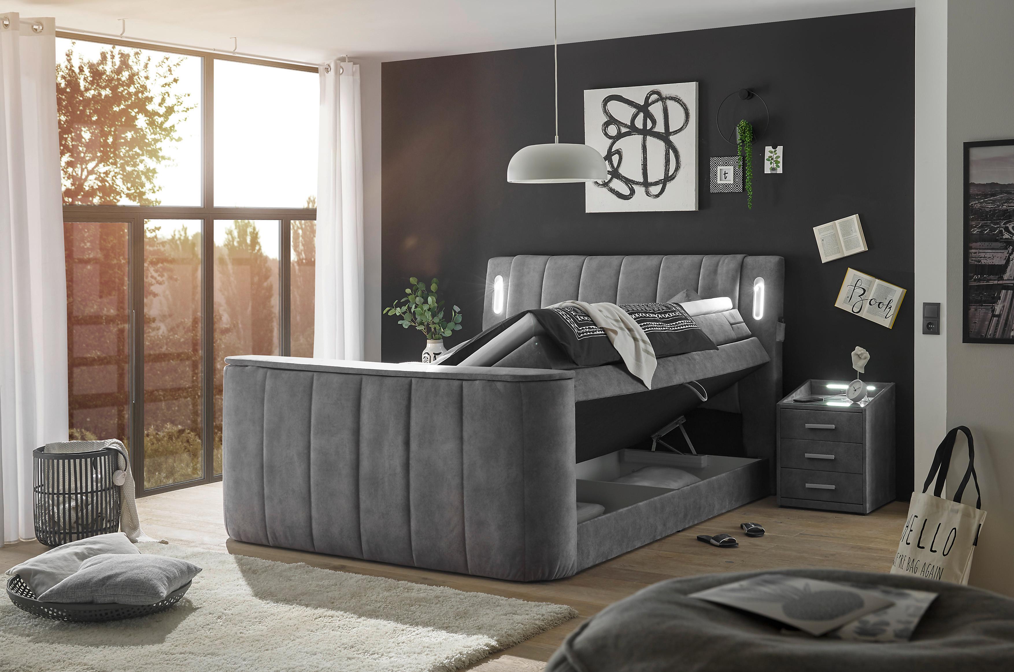 Boxspringbett Dallas m. LED ca. 180x200 cm Grau - Grau, MODERN, Holzwerkstoff/Kunststoff (180/200cm) - MID.YOU