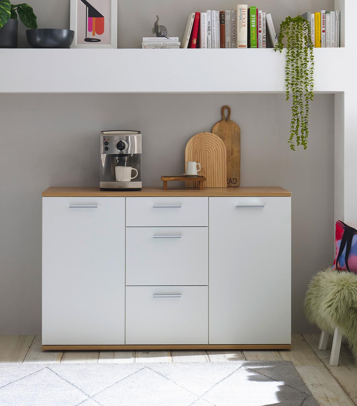 KOMODA SZEROKA BC 1035 - kolor srebrny/biały, Design, materiał drewnopochodny/tworzywo sztuczne (135/86/38cm) - MID.YOU