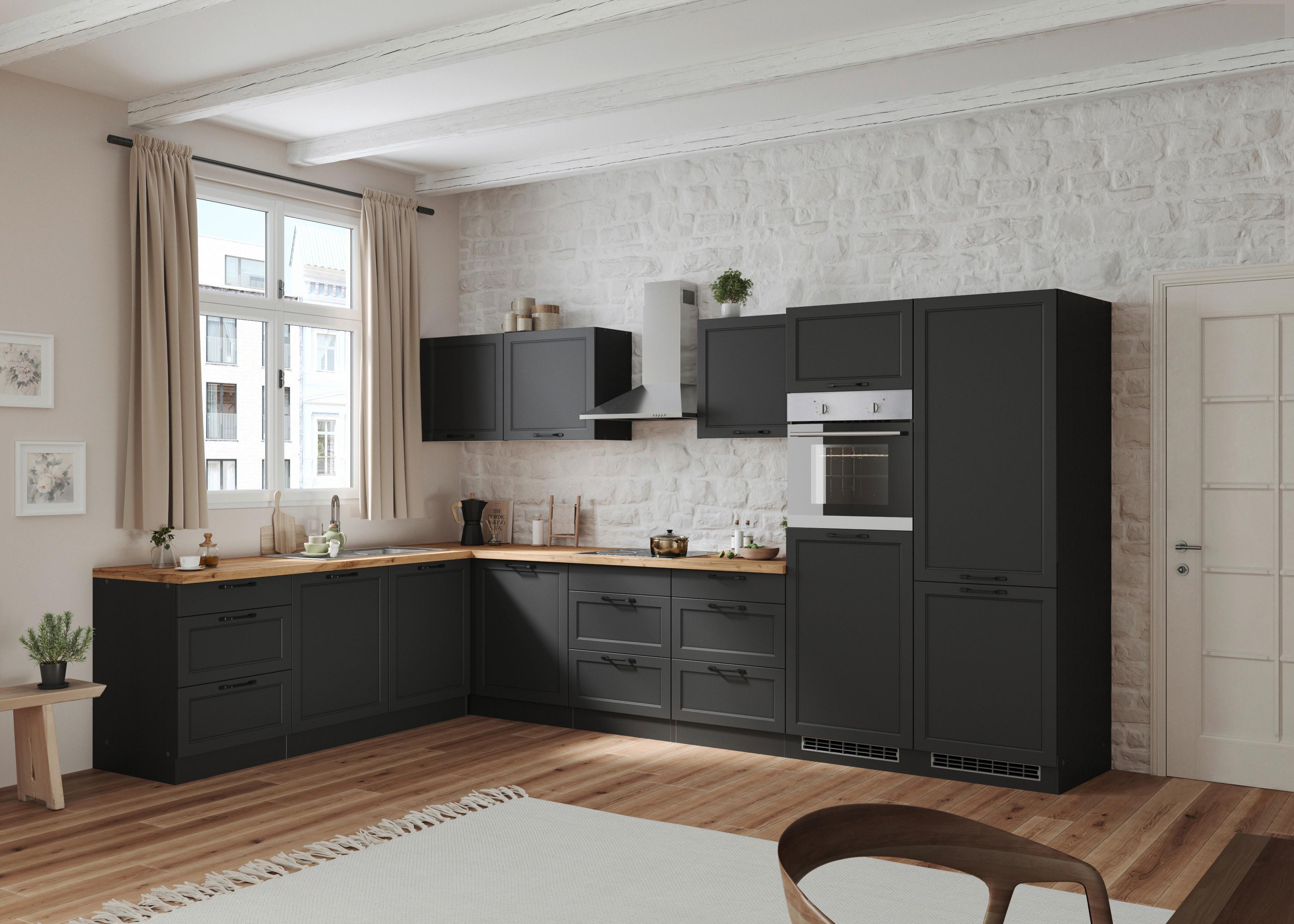 Eckküche Meran mit Geräten ca. 240x360 cm Grau/Eiche - Eiche Wotan/Schwarz, LIFESTYLE, Holzwerkstoff/Metall (240/360cm) - Held