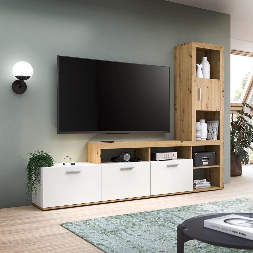 Wohnwand Jacky Weiß/Eiche Artisan - Silberfarben/Weiß, MODERN, Holzwerkstoff/Kunststoff (230/184/37cm) - Mömax