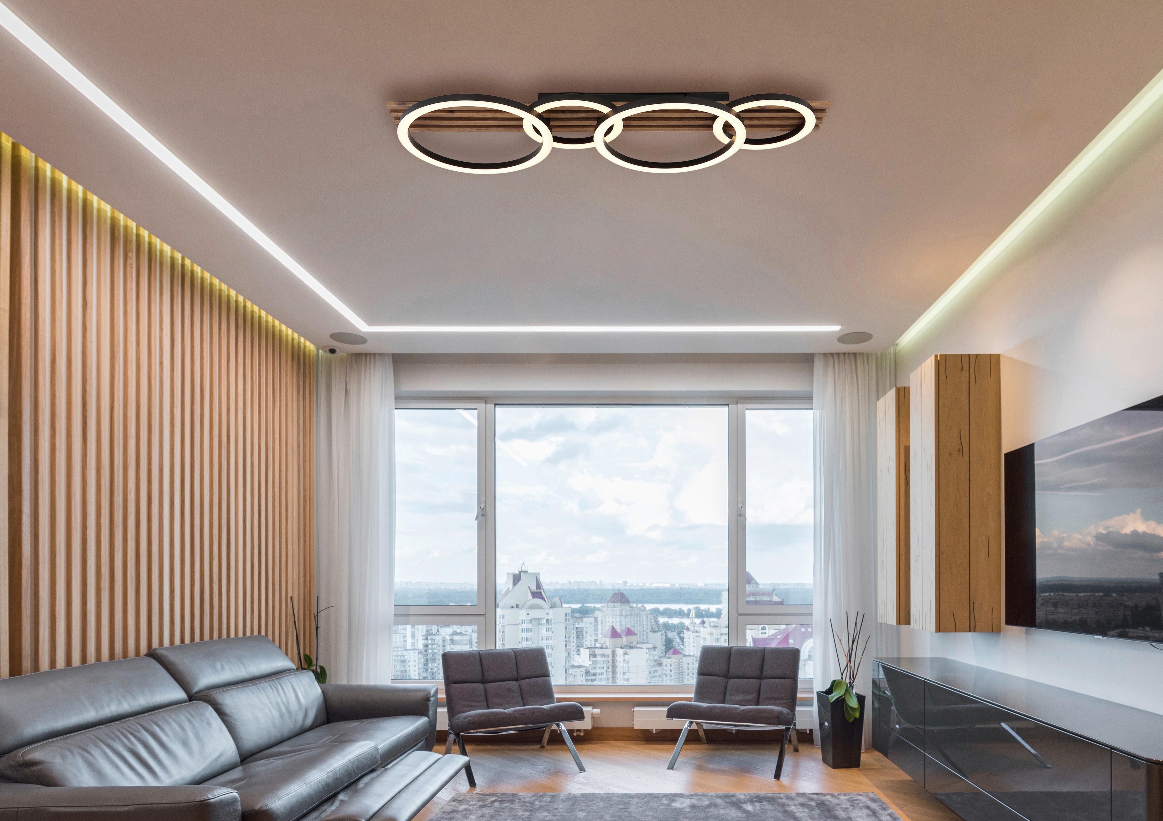 LED-DECKENLEUCHTE 67353D4 TISHA - Weiss/Dunkelbraun, Natur, Holzwerkstoff/Kunststoff (86/30/9,5cm) - Globo