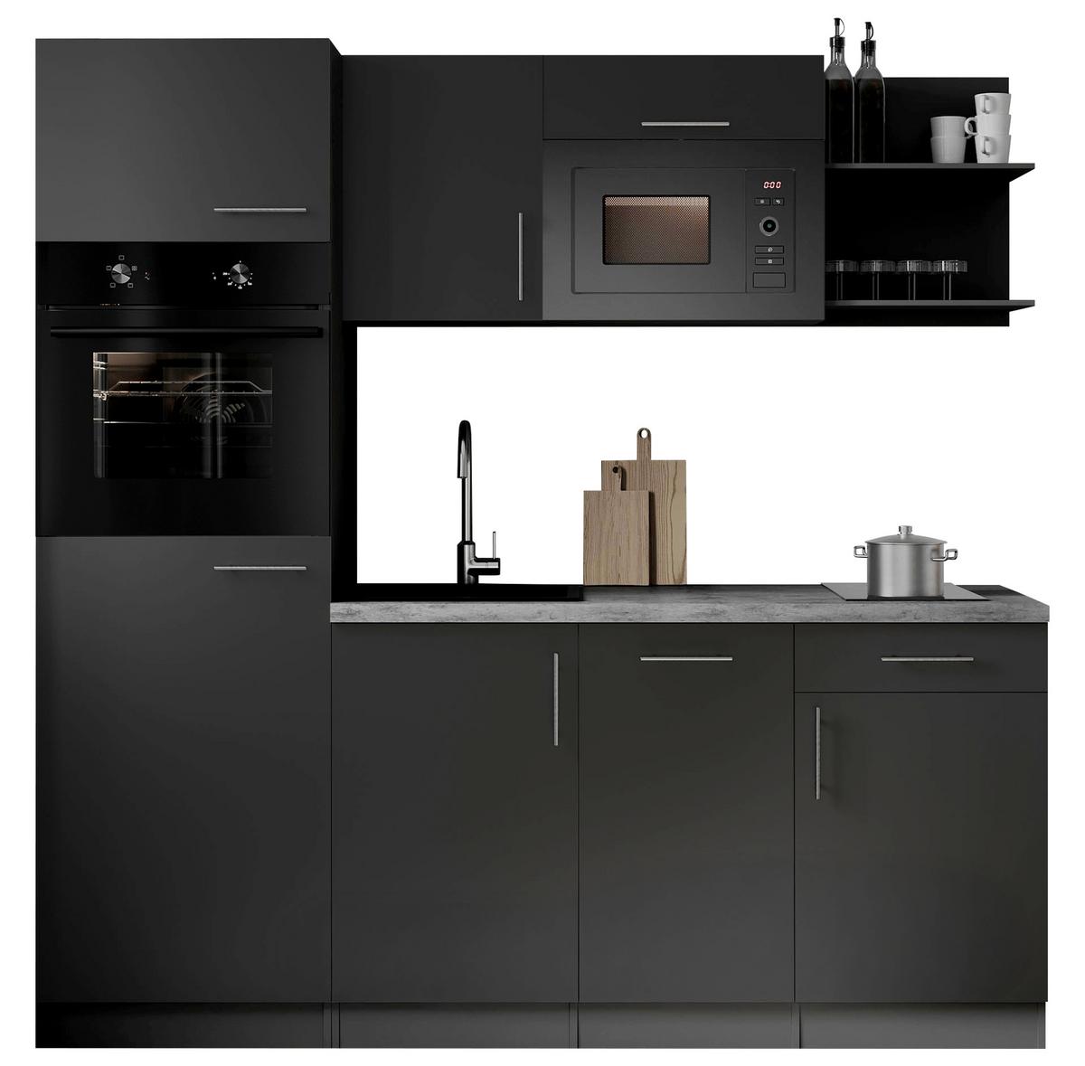 Küchenblock Oliver m. Geräten Schwarz - Schwarz/Grau, Trend, Holzwerkstoff/Metall (205cm) - Respekta