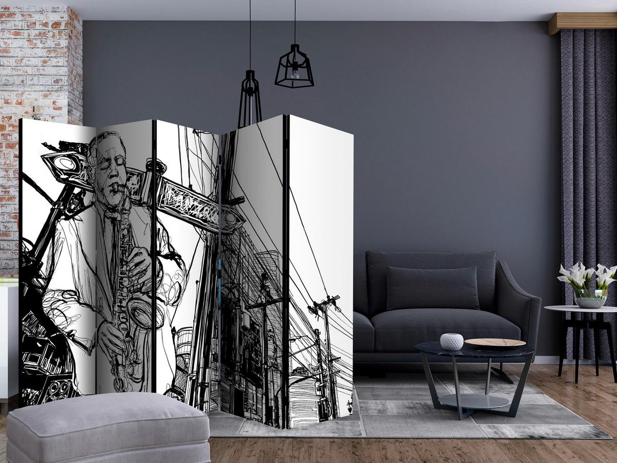 Paravan Saxophone Recital I, 5-Delni, Dvostranski - črna/bela, Basics, tekstil/les (225/172/3cm) - artgeist