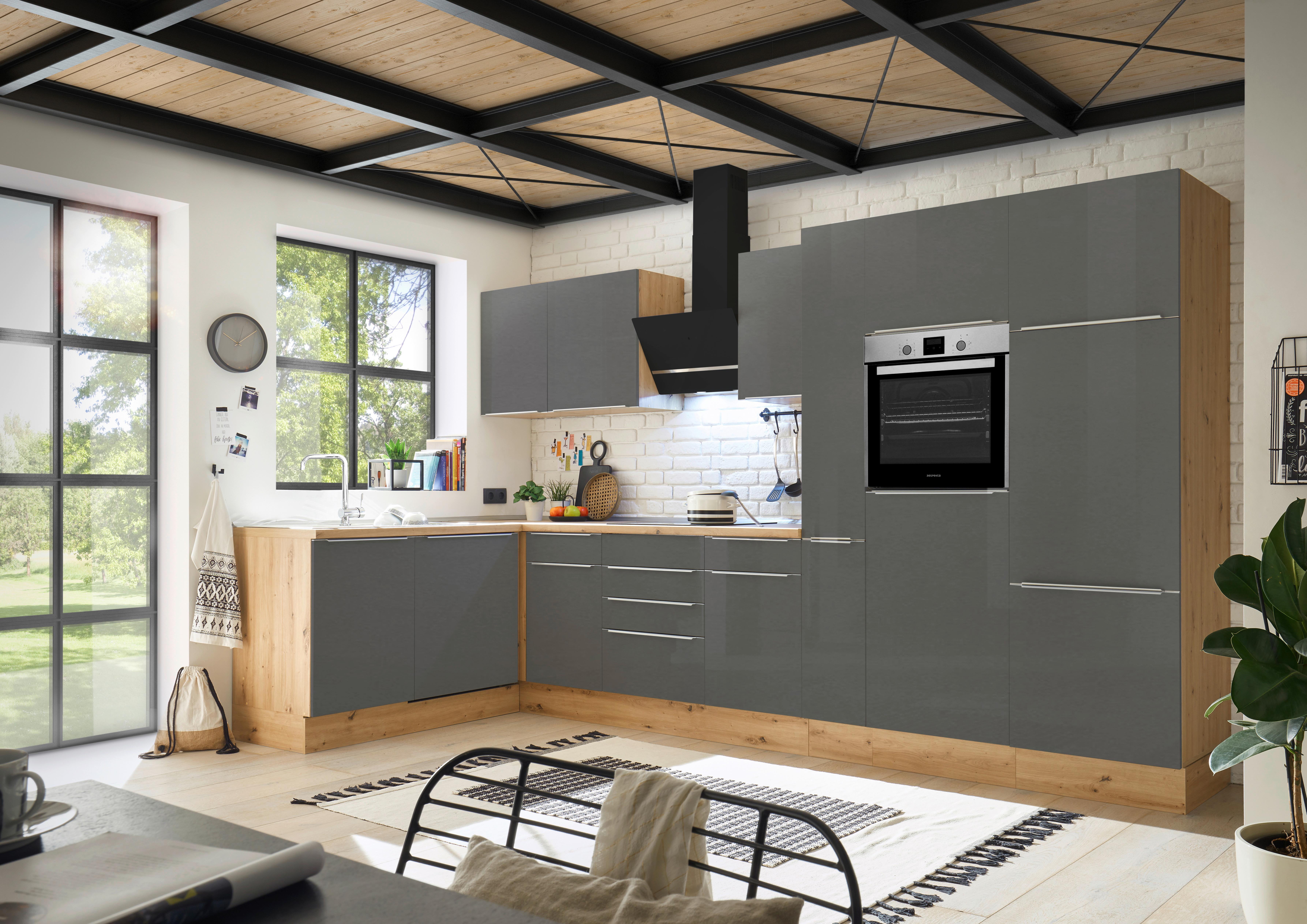 Eckküche Marleen mit Geräten Grau ca. 370x170 cm - Anthrazit/Alufarben, LIFESTYLE, Holzwerkstoff/Kunststoff (170/370cm) - Respekta