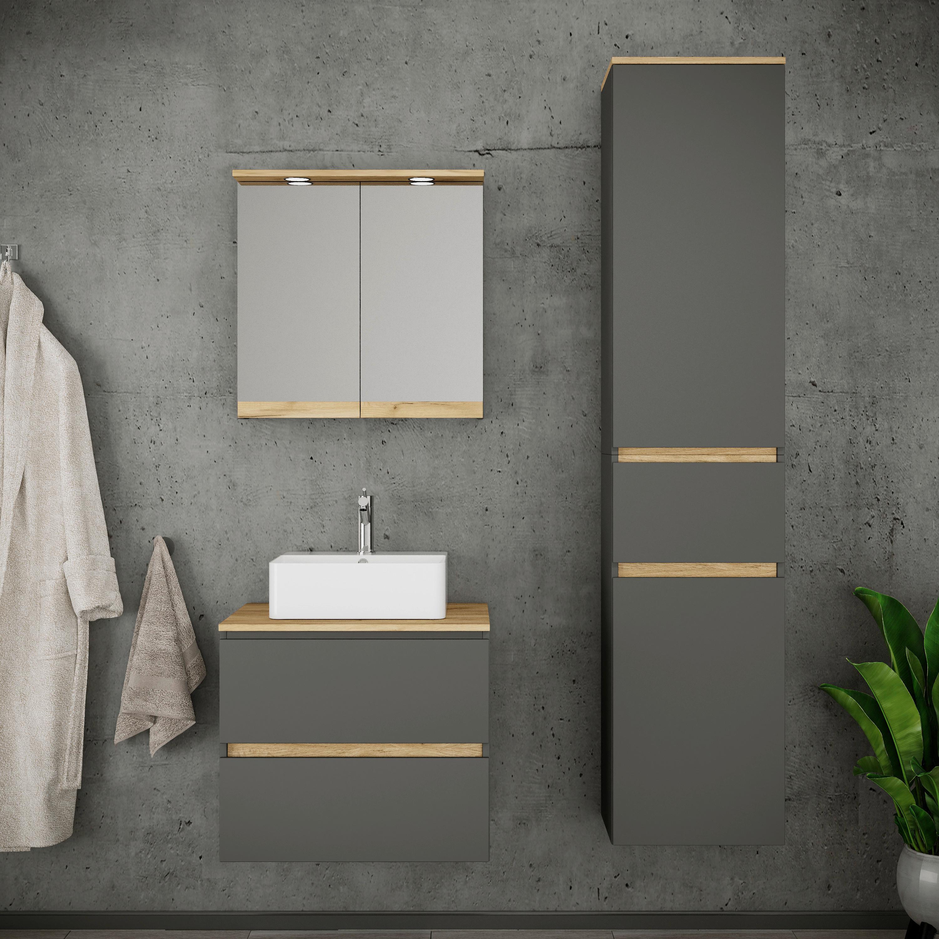 Badezimmer Cosila - Honigeiche/Weiss, Trend, Keramik/Holzwerkstoff (90cm) - MID.YOU