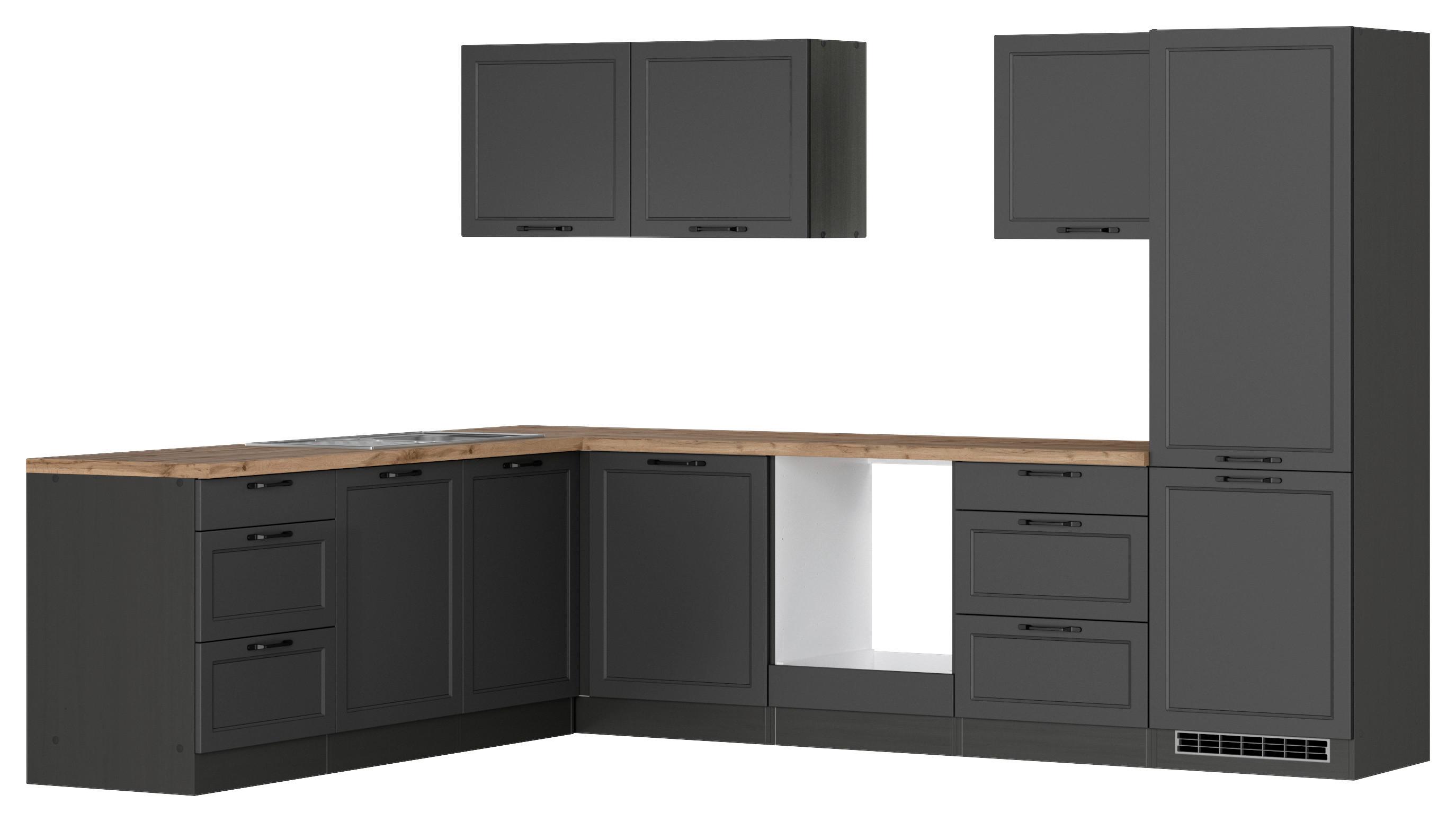 Eckküche Meran ohne Geräte ca. 240x300 cm Grau/Eiche - Eiche Wotan/Schwarz, LIFESTYLE, Holzwerkstoff/Metall (240/300cm) - Held