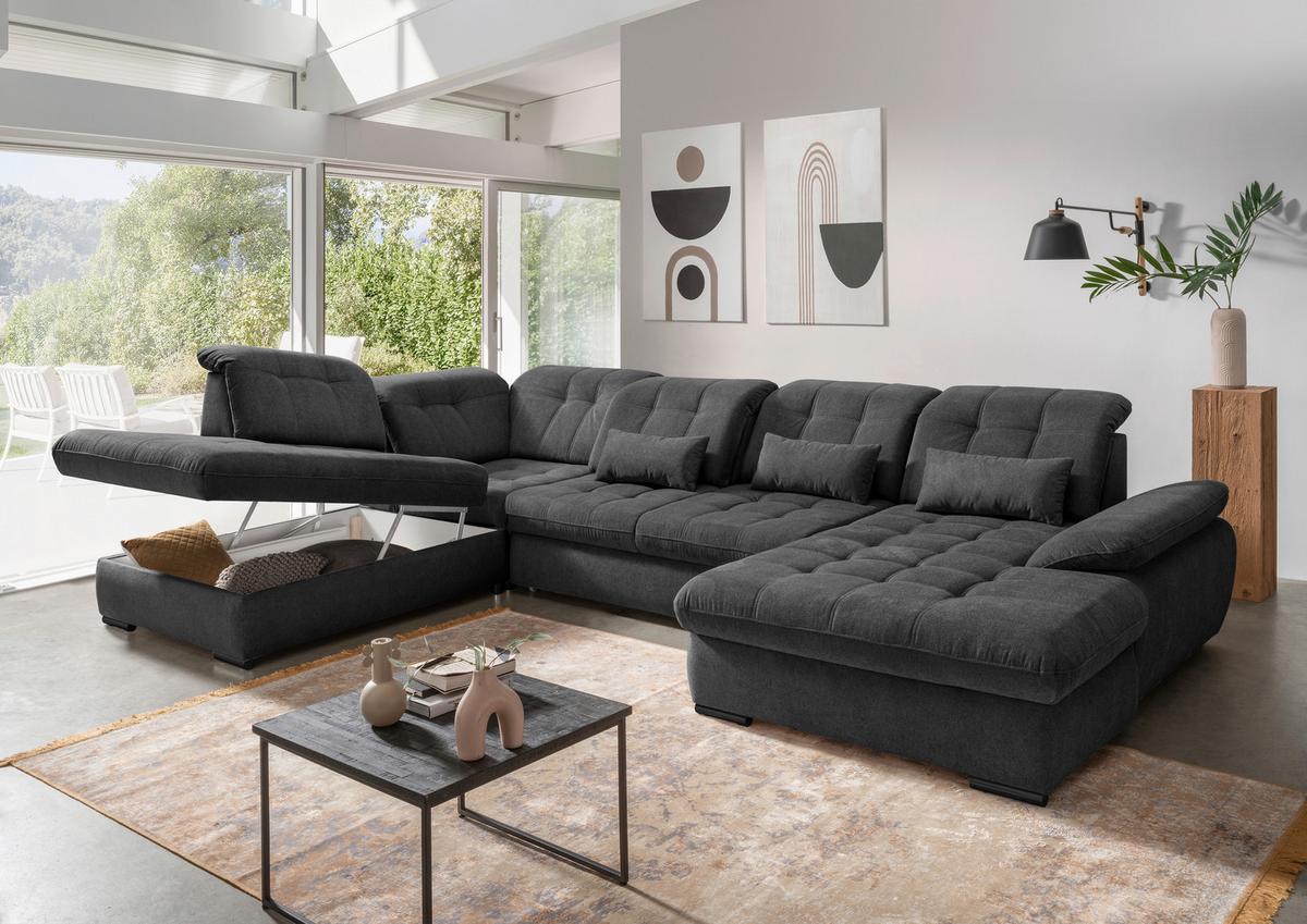 Wohnlandschaft Rigatti Anthrazit Chenille Bettkasten - Anthrazit/Schwarz, MODERN, Textil/Metall (252/387/184cm) - Livetastic