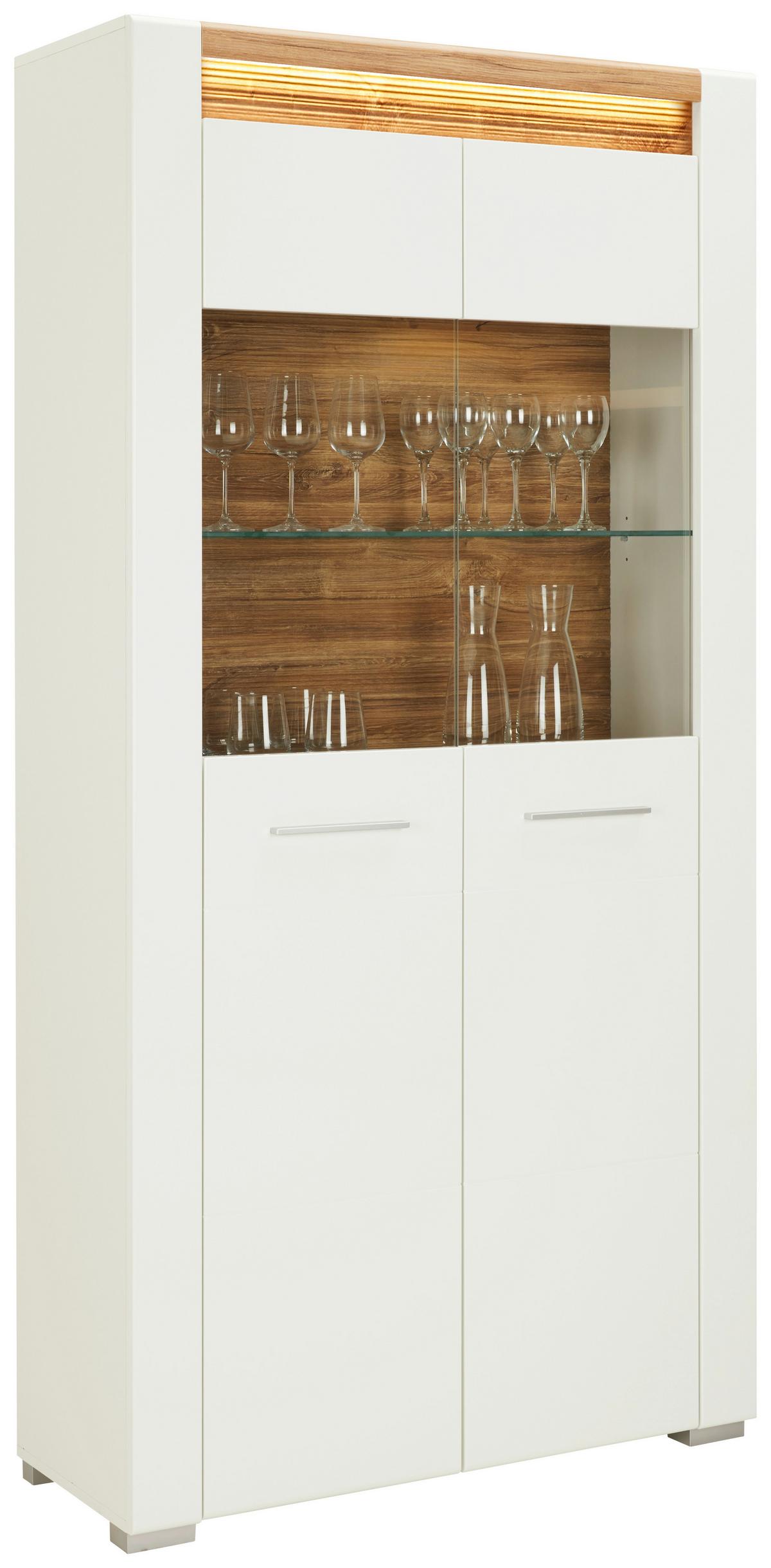Vitrină LEONARDO - alb/culoare lemn stejar, Modern, sticlă/material pe bază de lemn (100/201/40cm) - Modern Living