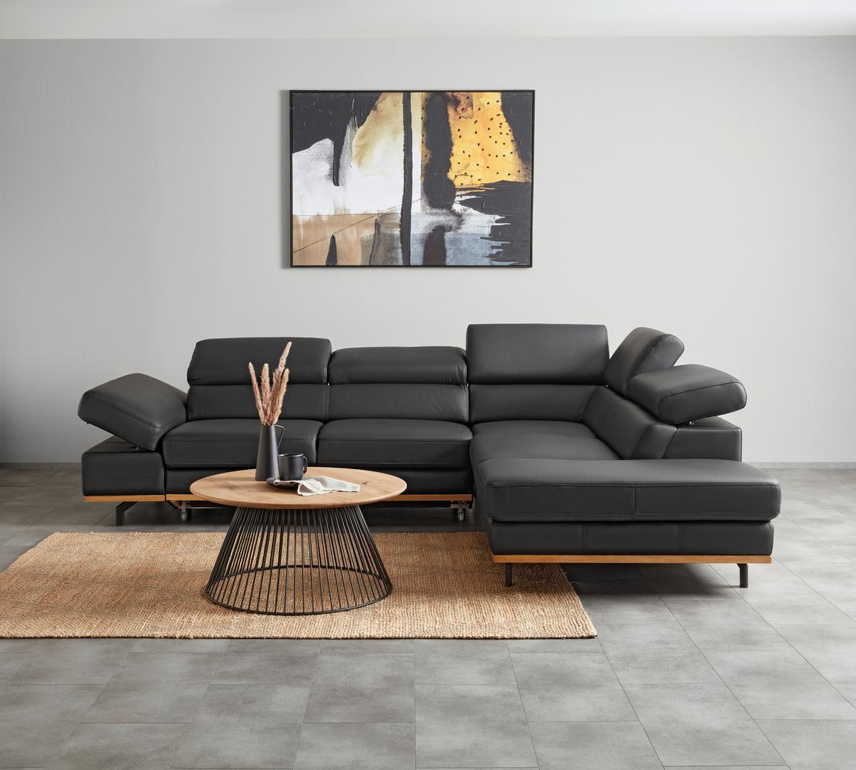 Wohnlandschaft Carmen rechts Schwarz - Anthrazit/Beige, MODERN, Leder/Holz (292/72/226cm) - Premium Living