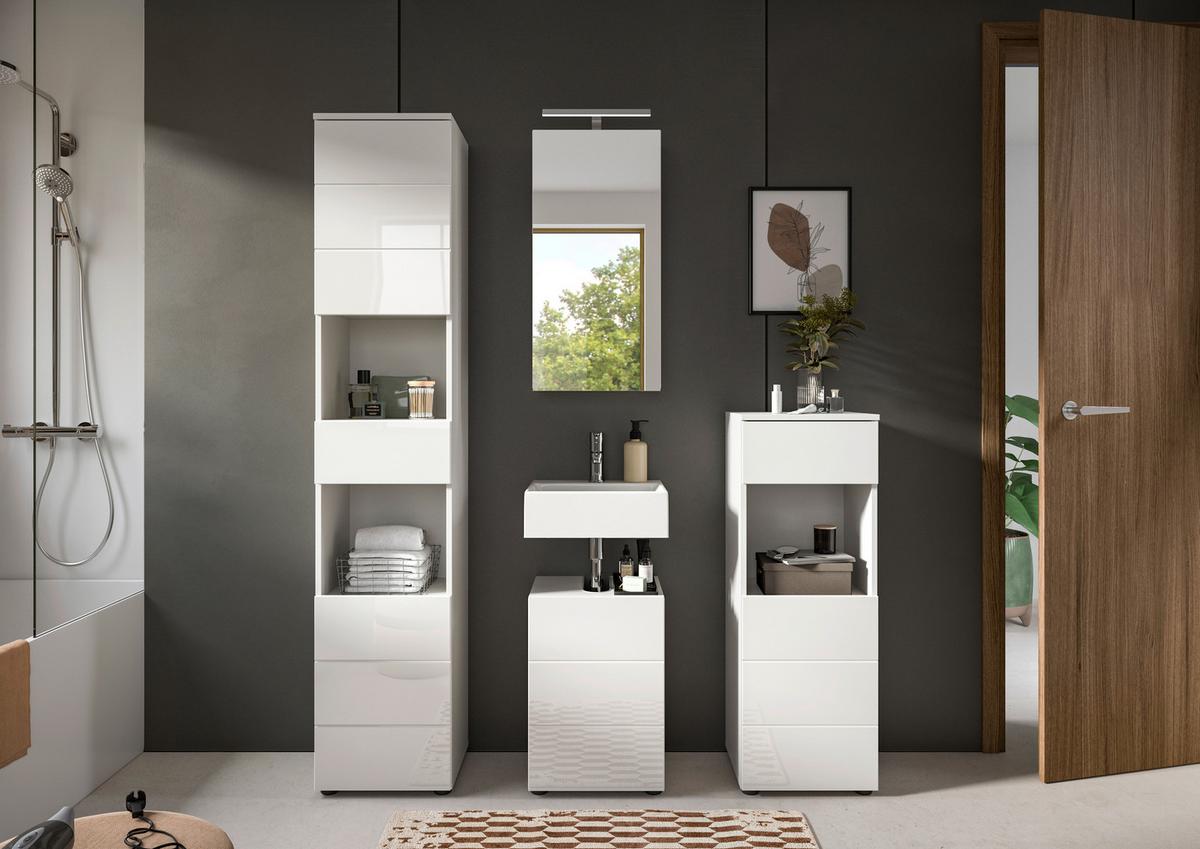 Badezimmer Vira 4-tlg. mit LED ca. 114 cm Weiß - Weiß Hochglanz/Schwarz, MODERN, Holzwerkstoff/Kunststoff (114cm) - MID.YOU