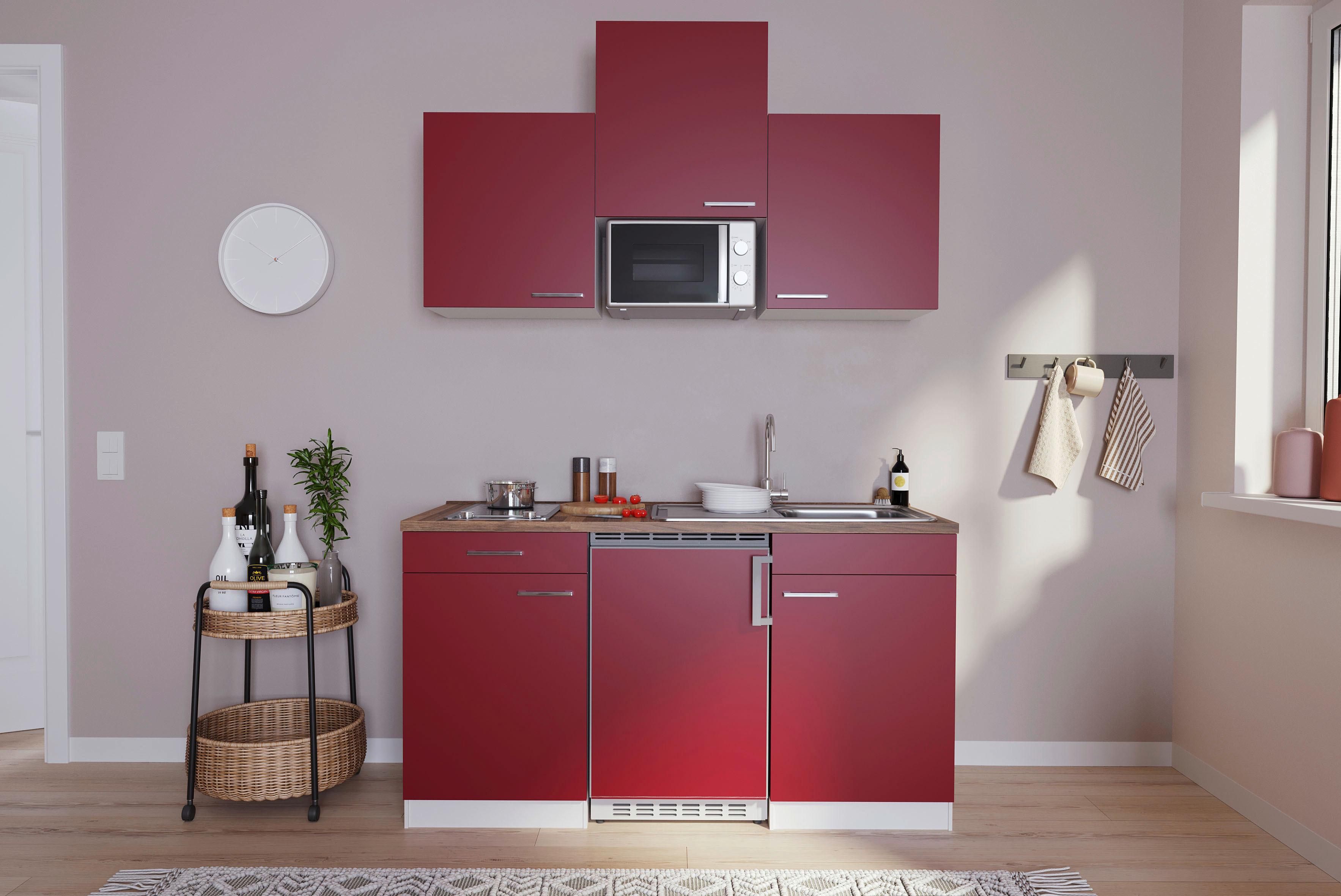 Miniküche Economy m. Geräten Rot B: ca. 150 cm - Edelstahlfarben/Rot, Basics, Holzwerkstoff/Kunststoff (150cm) - Respekta