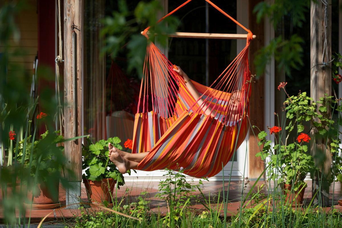Hängesessel Comfort Hammock Echtholz Gelb/Orange/Rot/Grau - Gelb/Rot, LIFESTYLE, Holz/Textil (110/160/180cm) - La Siesta